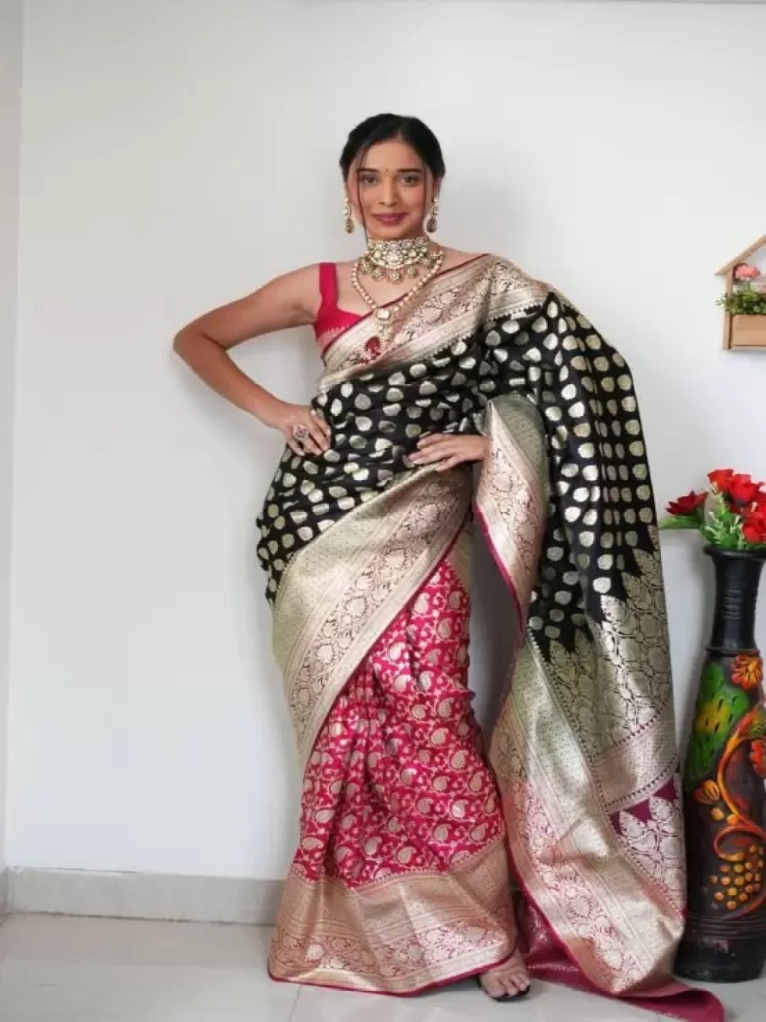 

JULEE Woven Design Zari Pure Silk Half and Half Banarasi Saree, Black