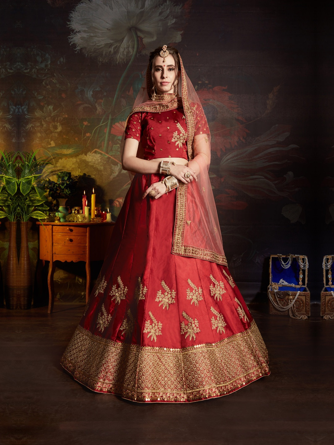 

Fusionic Embroidered Satin Semi-Stitched Lehenga & Unstitched Blouse With Dupatta, Maroon