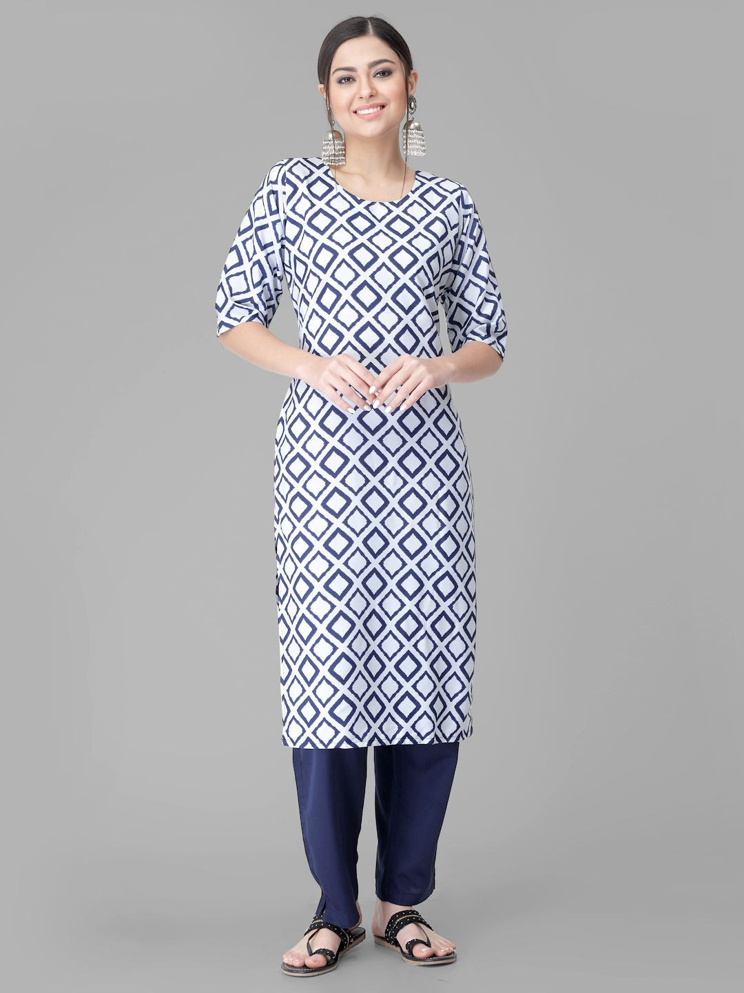 

7Threads Geometric Printed Round Neck Straight Kurta With Trousers, White