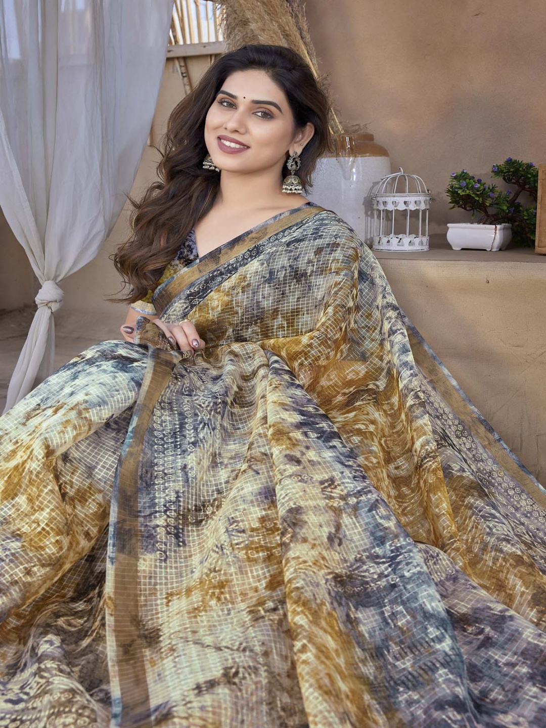

KALINI Printed Kota Saree, Mustard