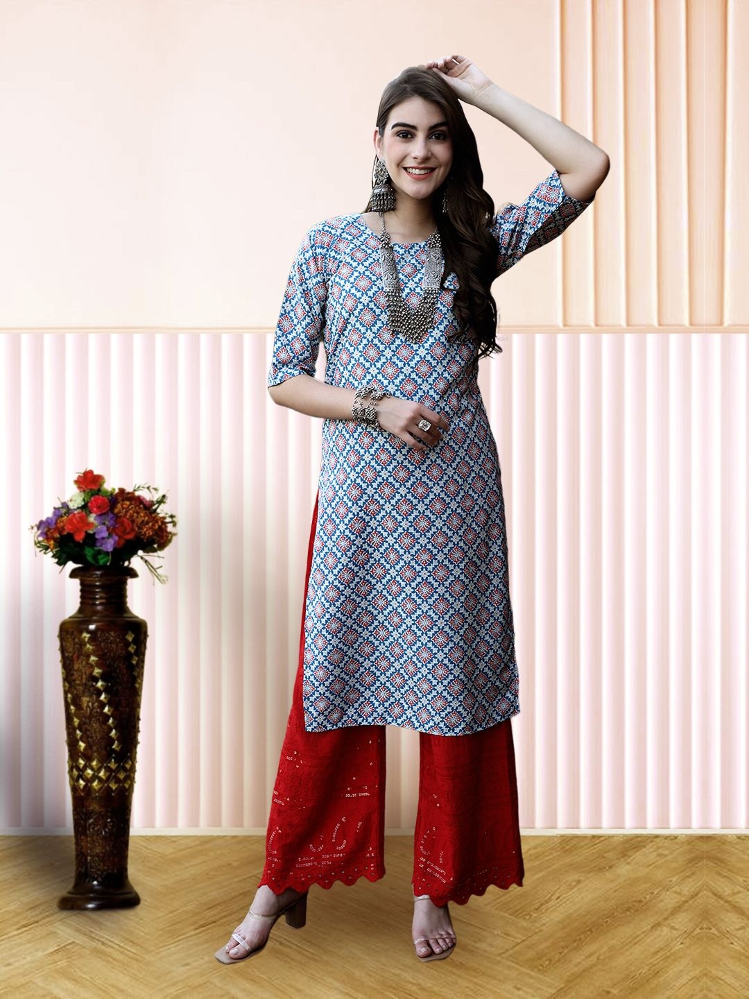 

7Threads Ethnic Motifs Printed Straight Kurta, Blue