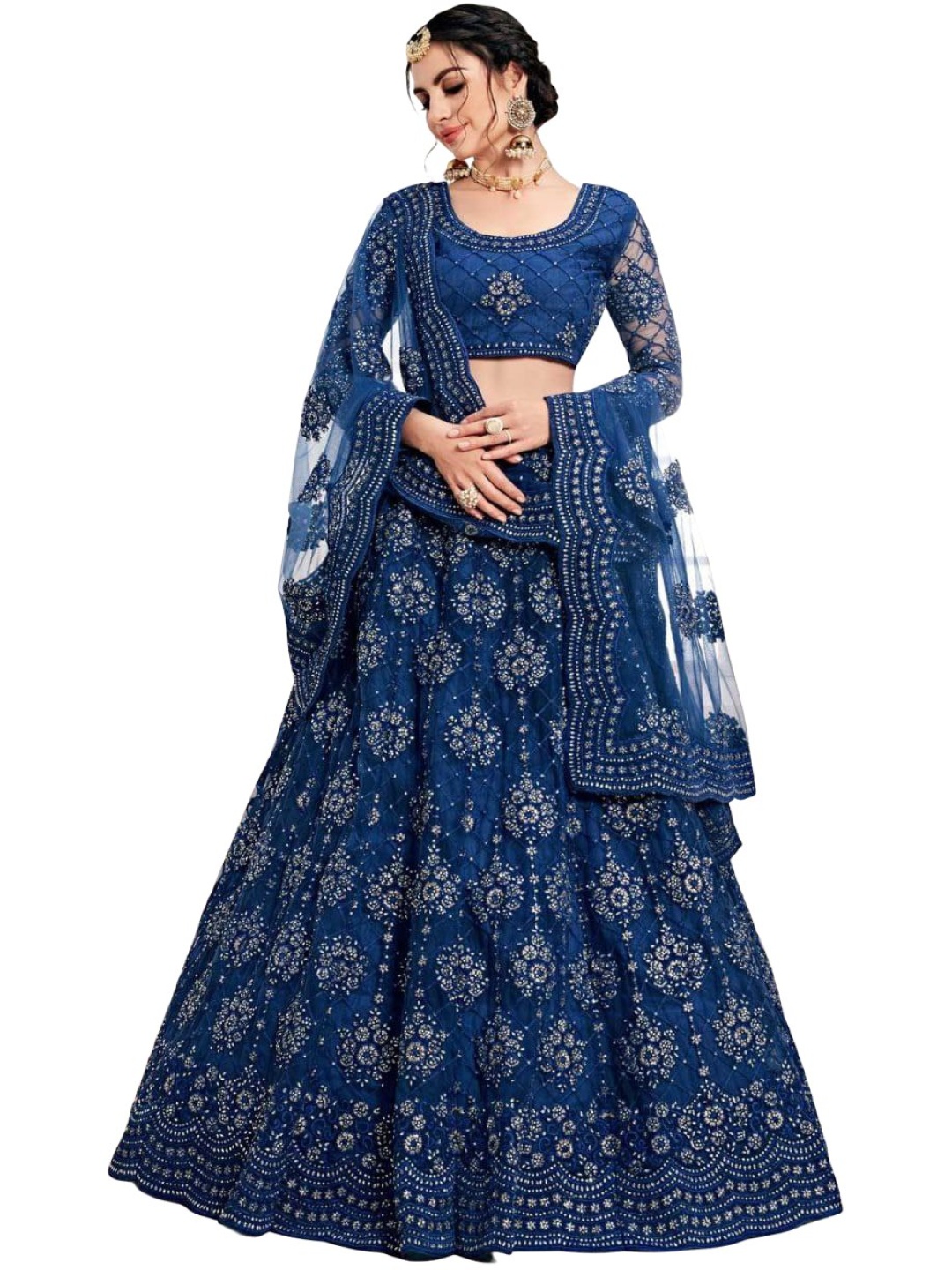 

Cute fellow Embroidered Thread Work Semi-Stitched Lehenga & Unstitched Blouse With Dupatta, Navy blue