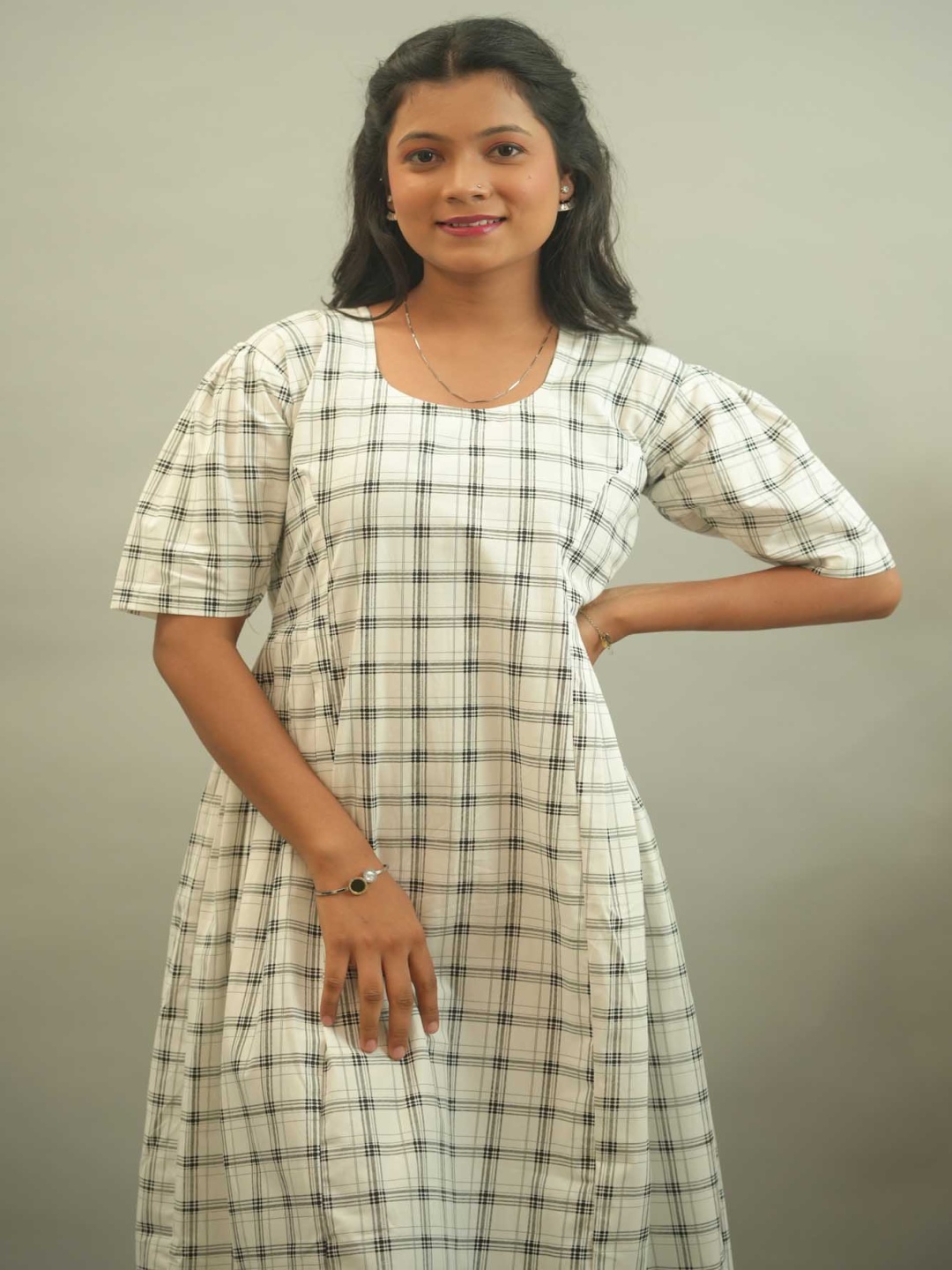 

GO BOUJEE Women Checked A-Line Dress, White