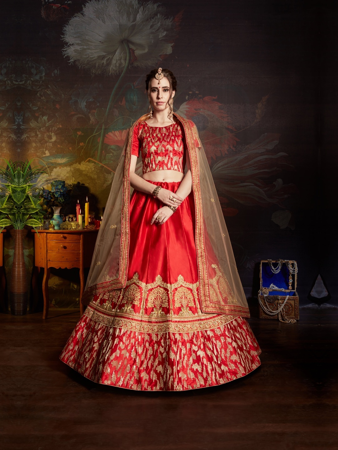 

Fusionic Embroidered Satin Semi-Stitched Lehenga & Unstitched Blouse With Dupatta, Red