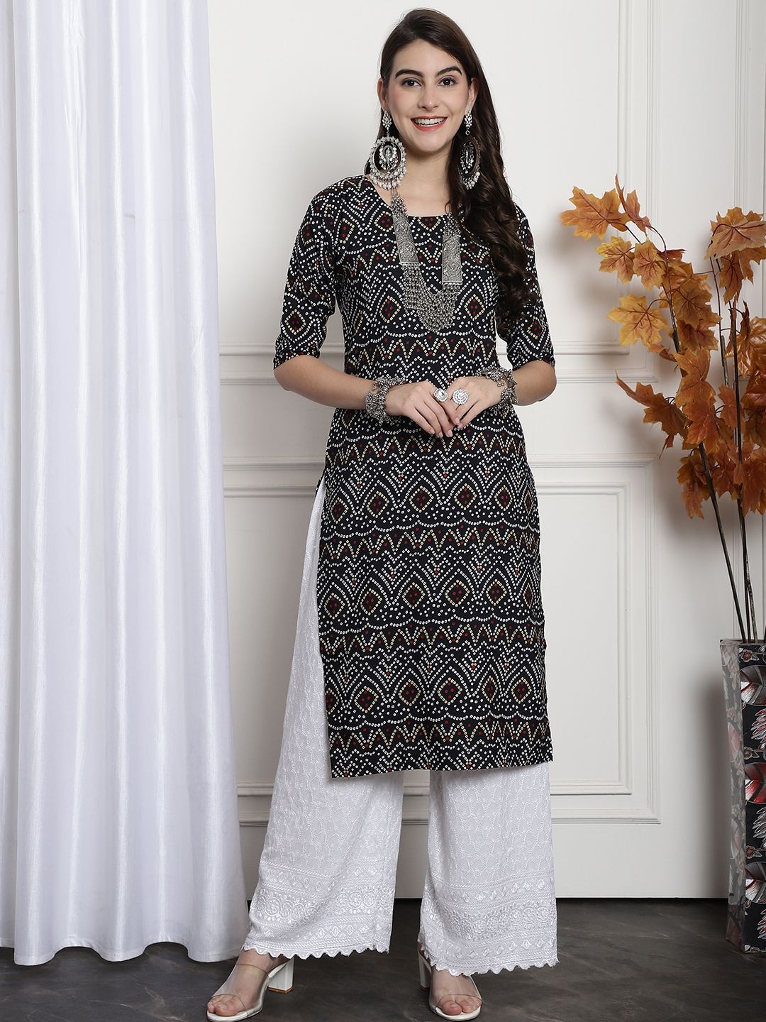 

7Threads Set Of 6 Bandhani Printed Round Neck Machine Weave Straight Kurta, Black