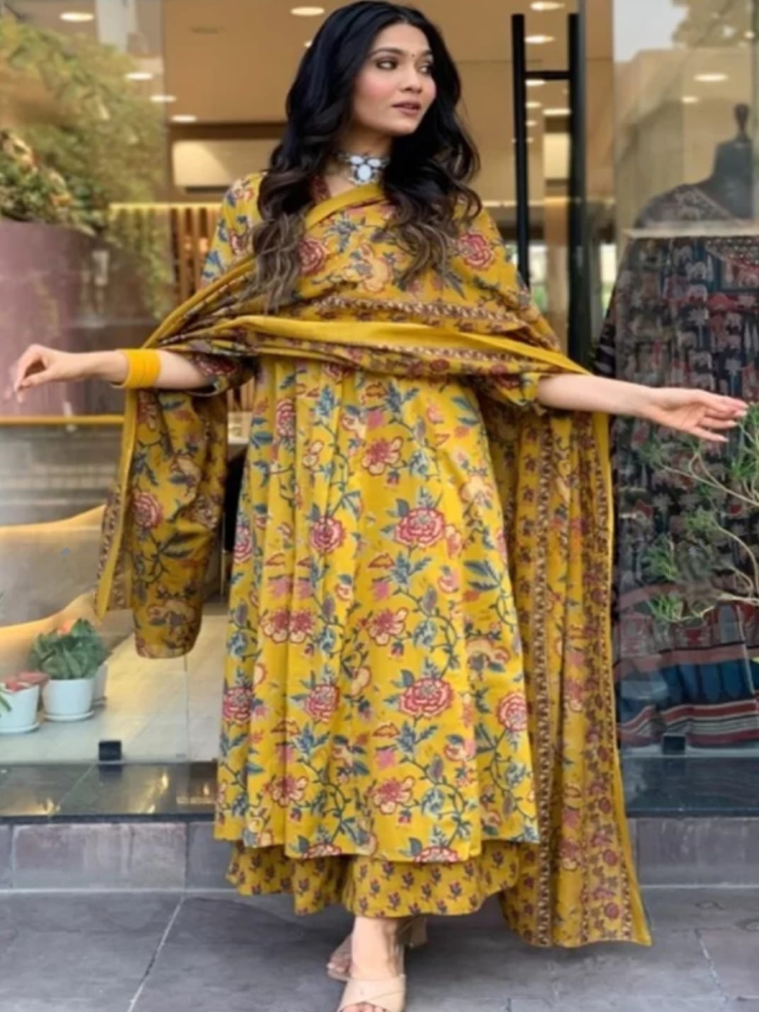 

S.K.C Women Ethnic Motifs Regular Mirror Work Kurti with Trousers & With Dupatta, Yellow