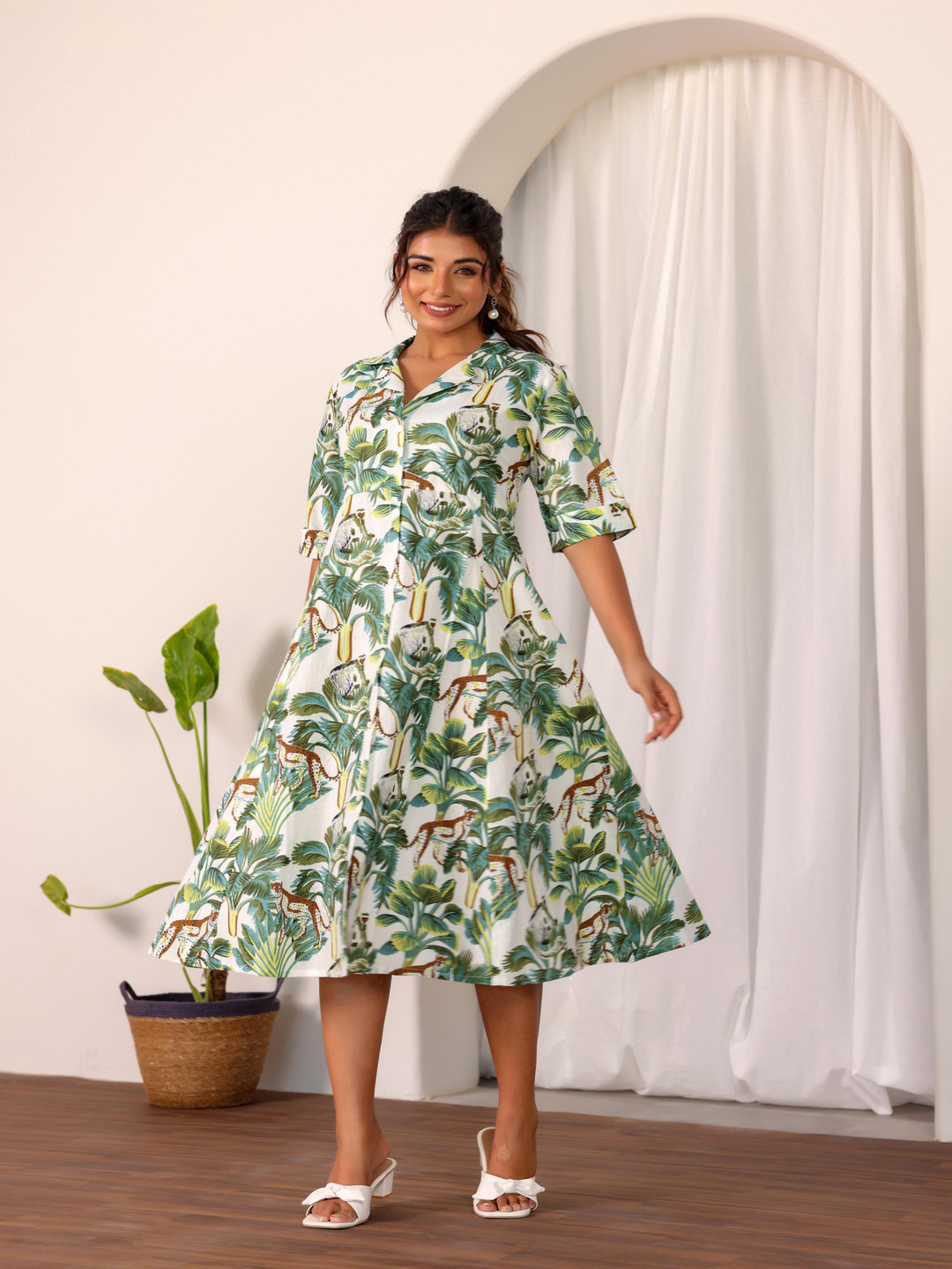 

FLAVIA CREATION Floral Printed Cotton A-Line Midi Dress, Green