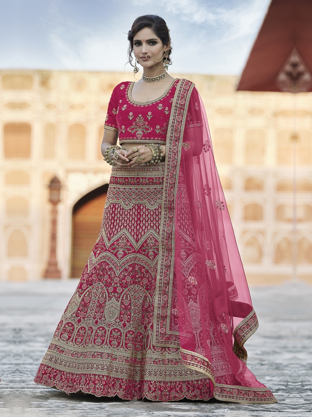 

Fusionic Embroidered Velvet Semi-Stitched Lehenga & Unstitched Blouse With Dupatta, Pink