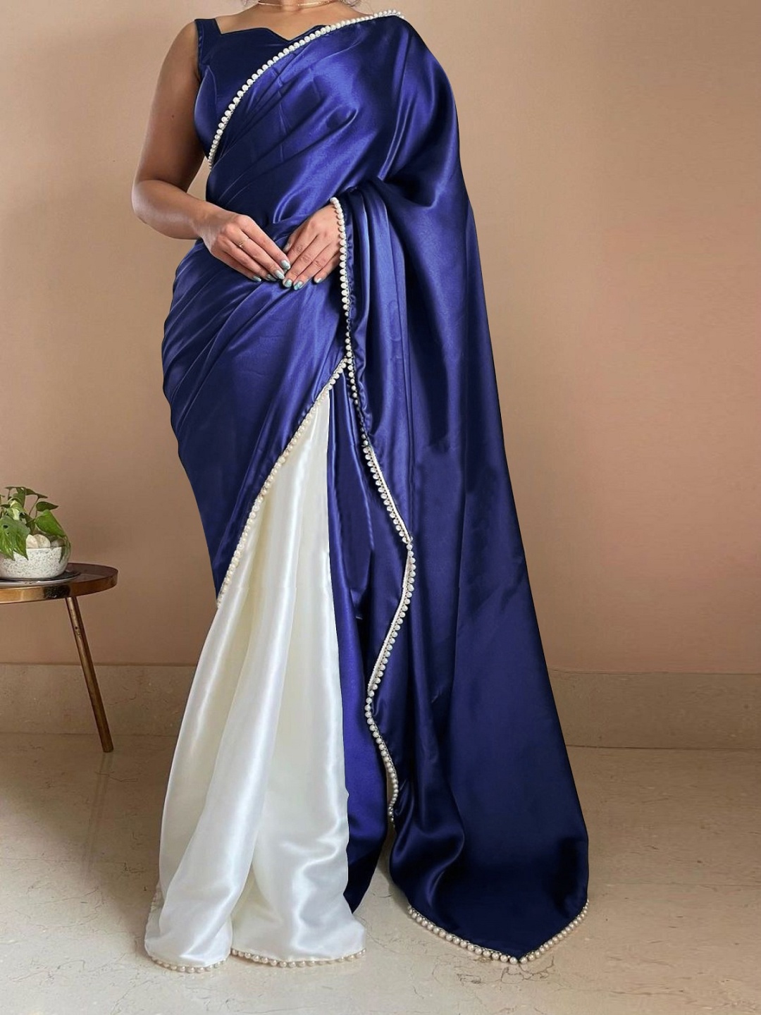 

Aika Solid Beads and Stones Satin Half and Half Saree, Navy blue