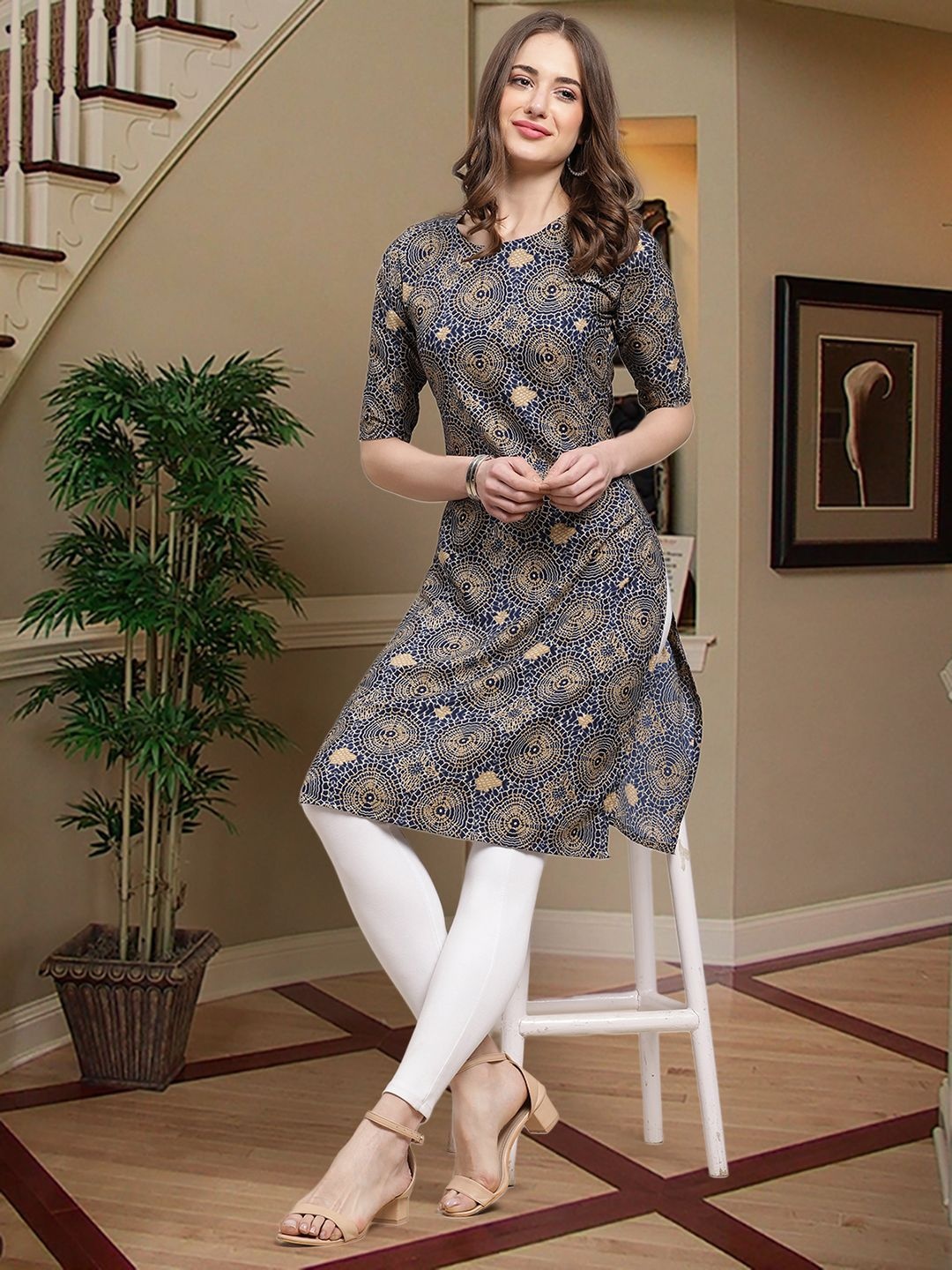 

7Threads Ethnic Motifs Printed Straight Kurta, Blue