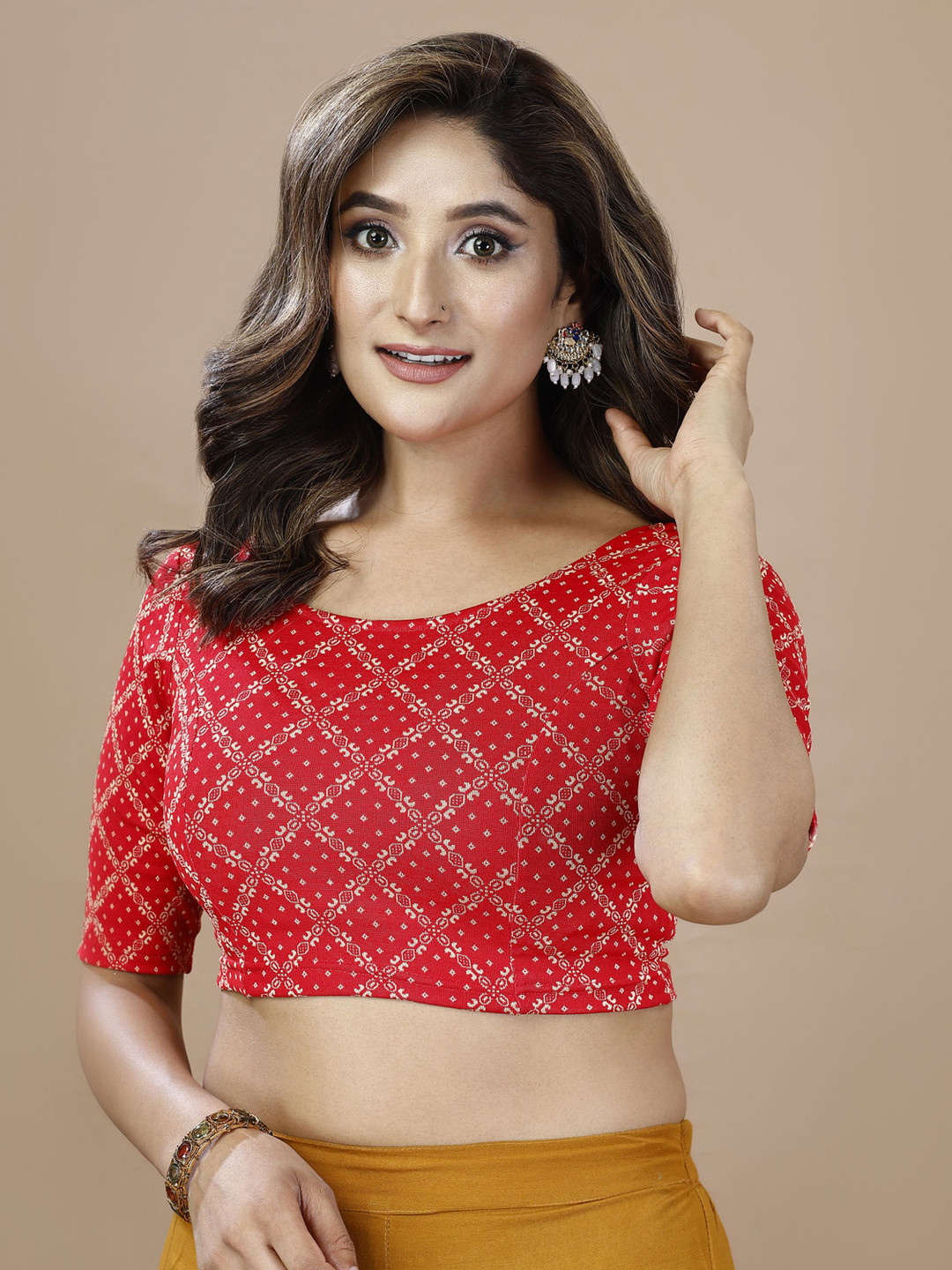 

Oomph! Printed Non Padded Round Neck Saree Blouse, Red