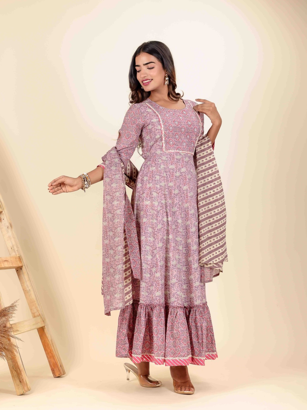 

LALI JAIPUR Embroidered Fit & Flared Cotton Ethnic Dresses With Dupatta, Purple