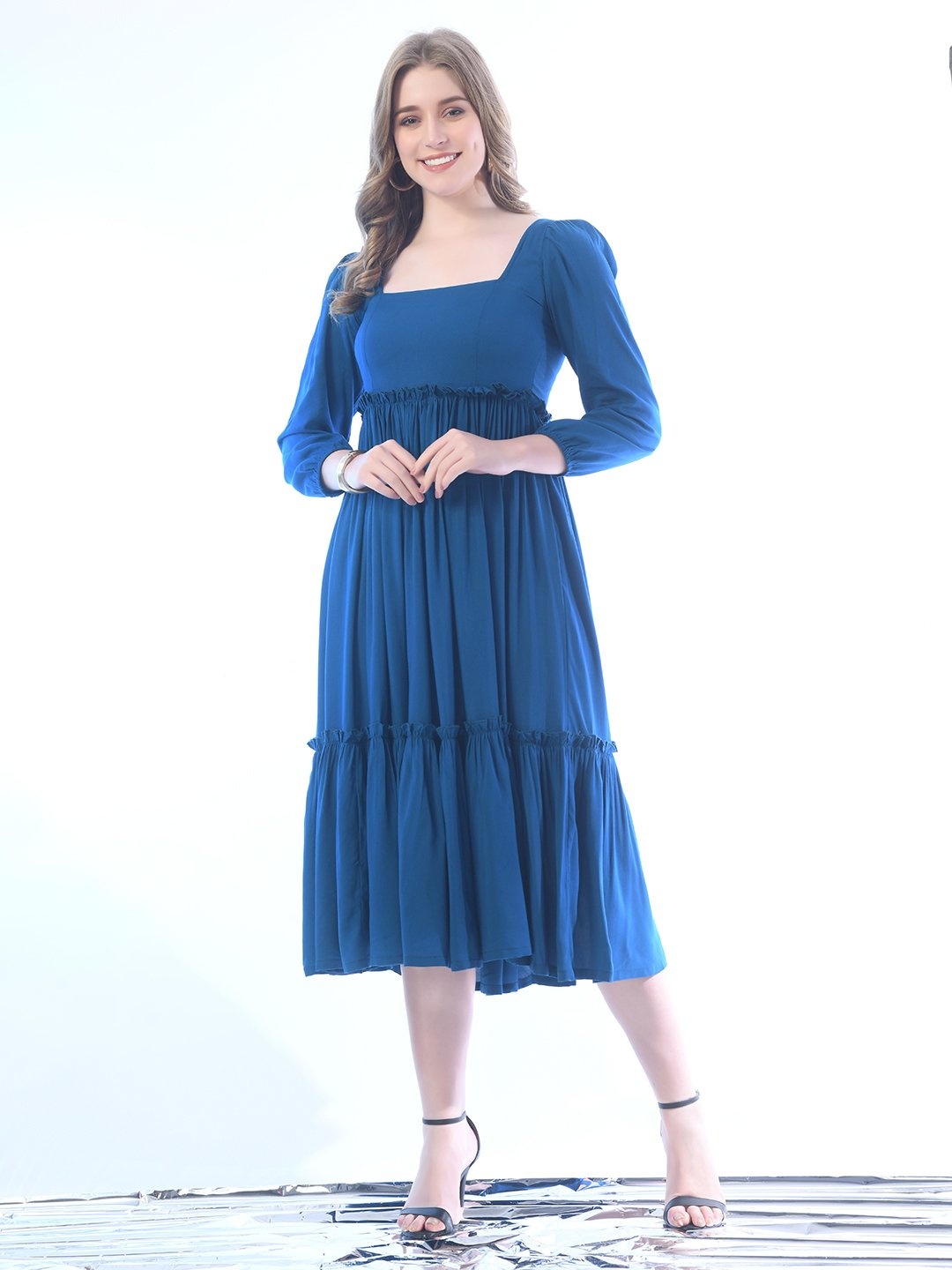 

Raiyani Enterprise Women Crepe Fit & Flare Tiered Midi Dress, Blue