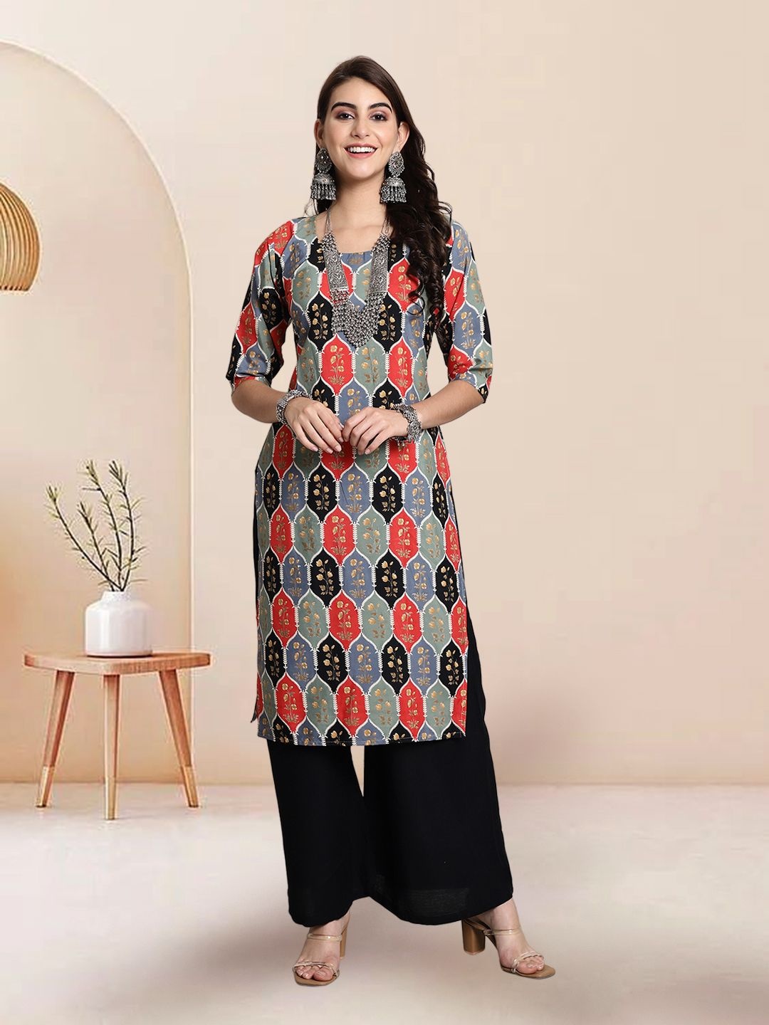 

7Threads Geometric Printed Straight Kurta, Black
