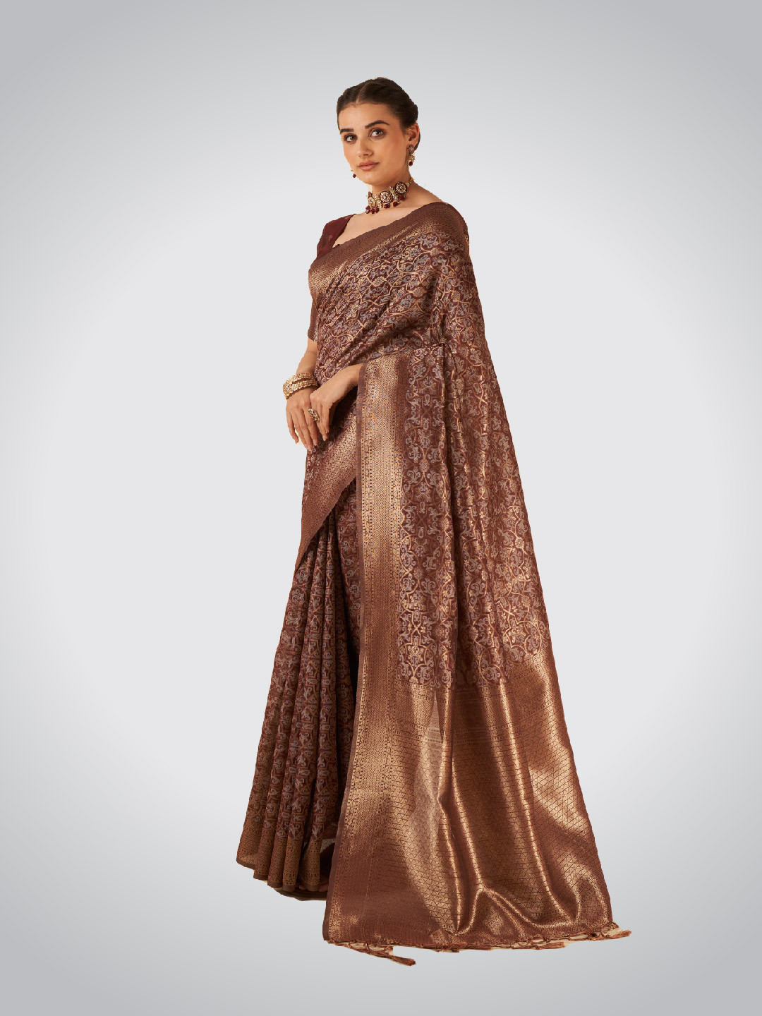 

SARHA Woven Design Zari Pure Cotton Saree, Brown