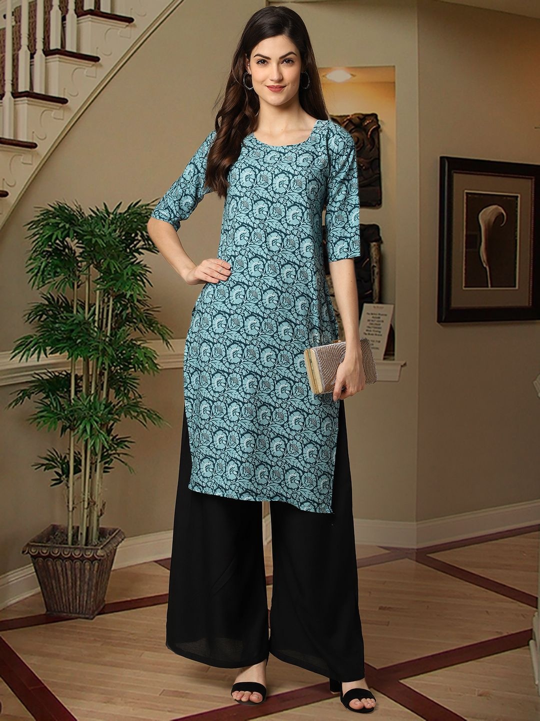

7Threads Floral Printed Crepe Straight Kurta, Teal