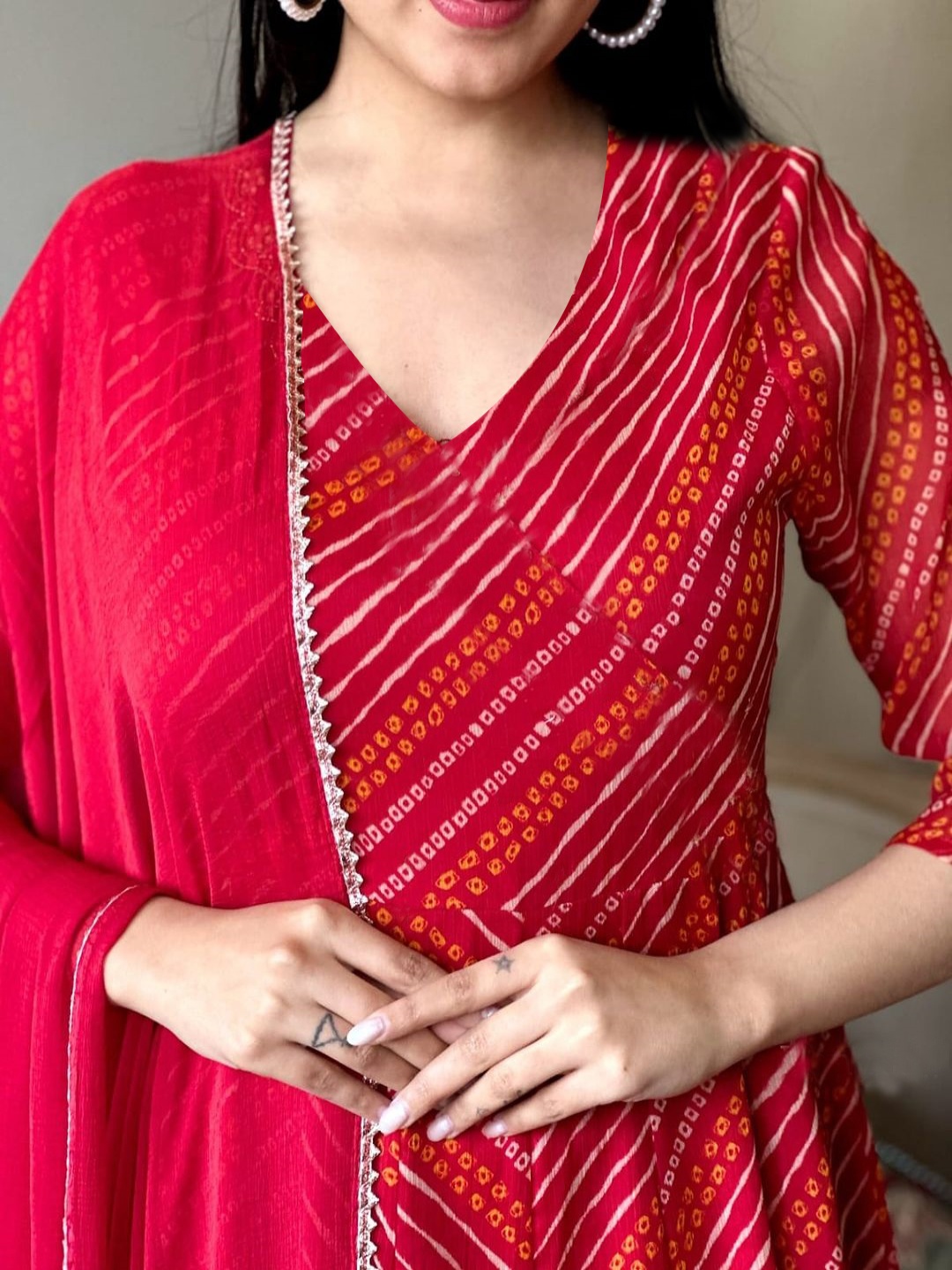 

KALINI Bandhani Printed V-Neck Anarkali Kurta with Trousers & Dupatta, Red