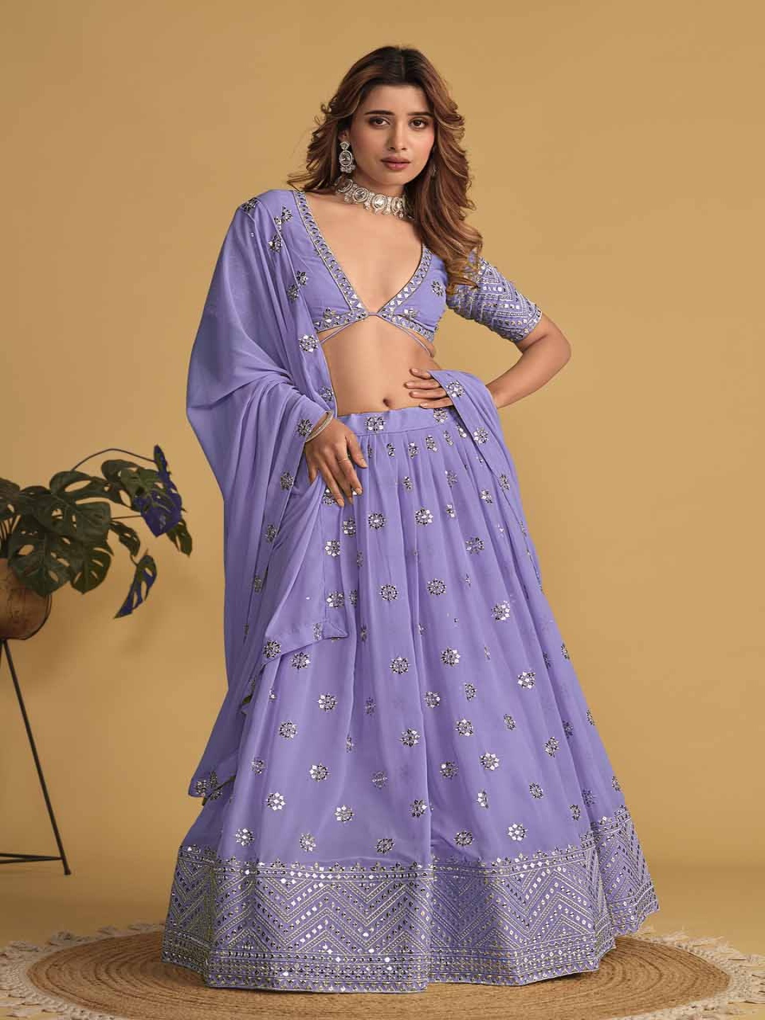 

KALINI Embroidered Georgette Semi-Stitched Lehenga & Unstitched Blouse With Dupatta, Purple