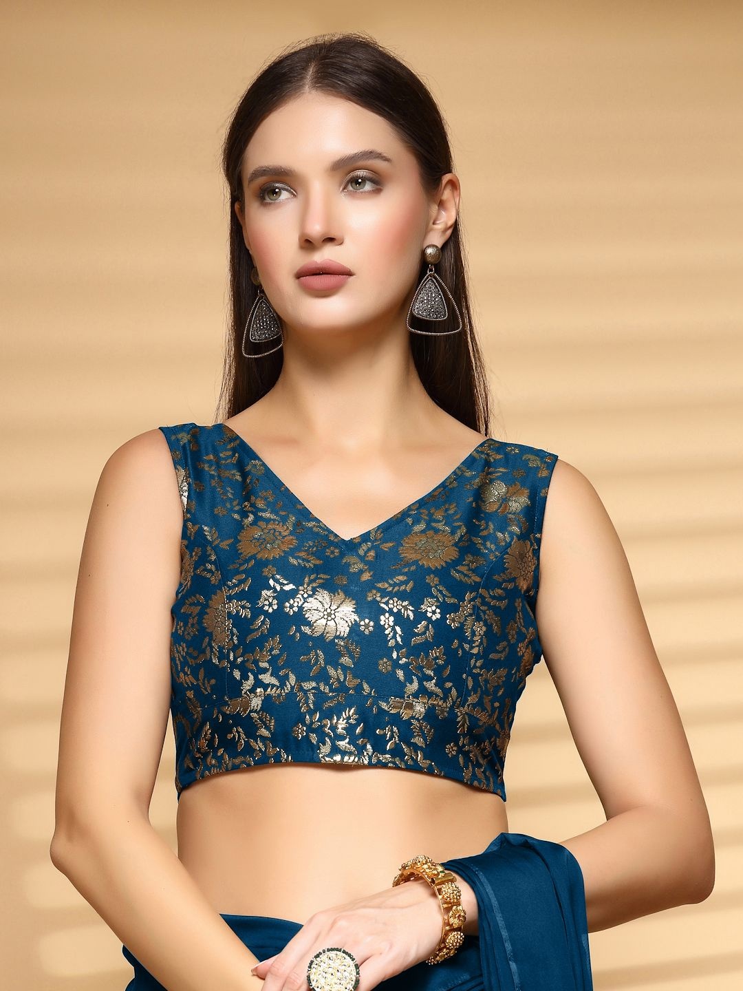 

Oomph! Non Padded V Neck Saree Blouse, Blue