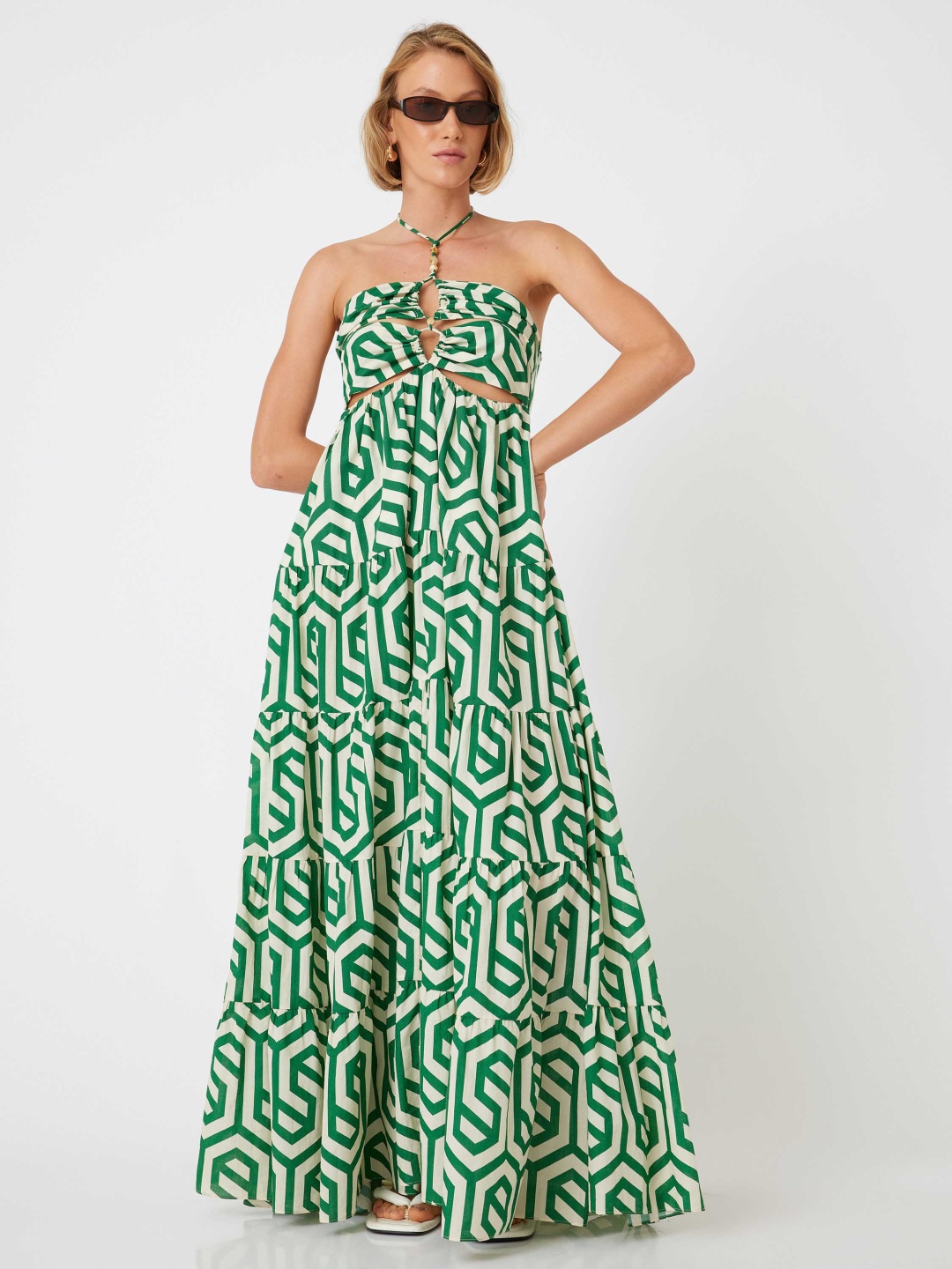 

Koton Women Printed Halter Neck Sleeveless Maxi Dress, Green