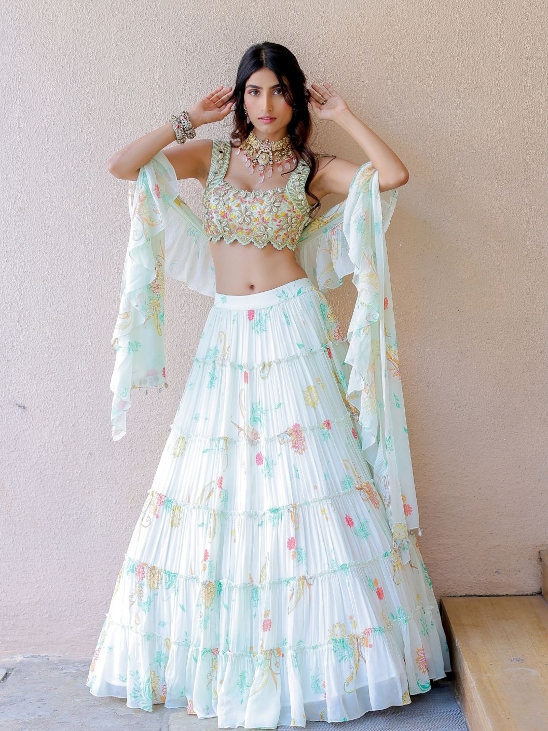 

Foram patel White Printed Tiered Lehenga Set