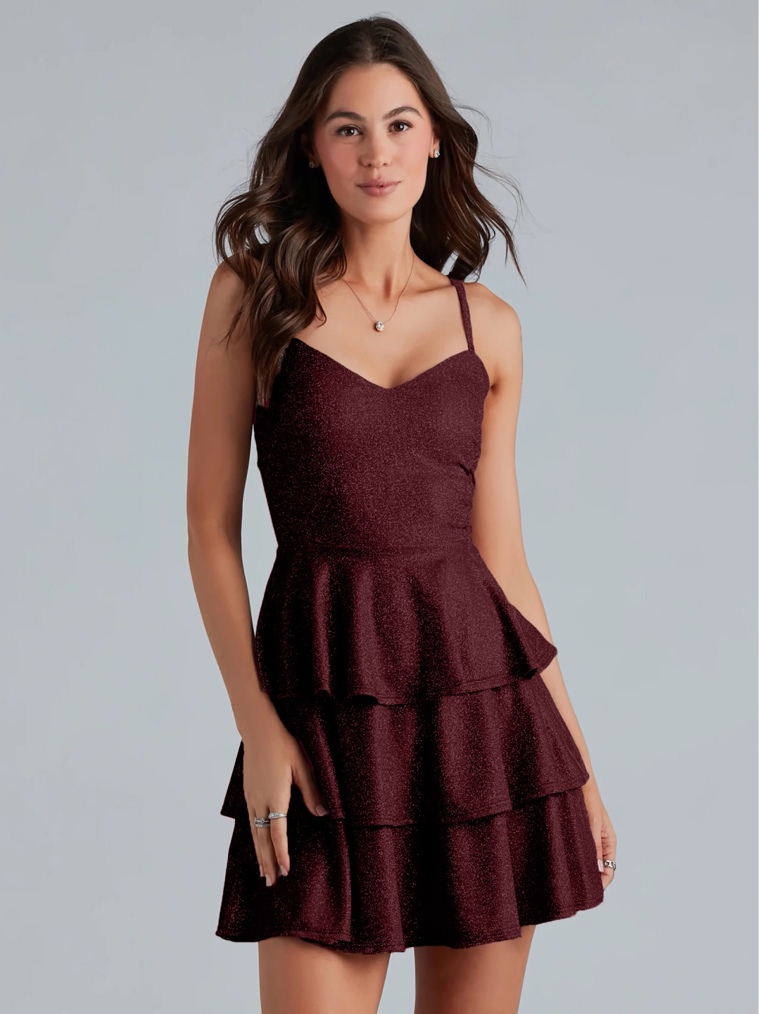 

ADDYVERO Women Ruffled Fit & Flare Shoulder Straps Above Knee Dress, Maroon