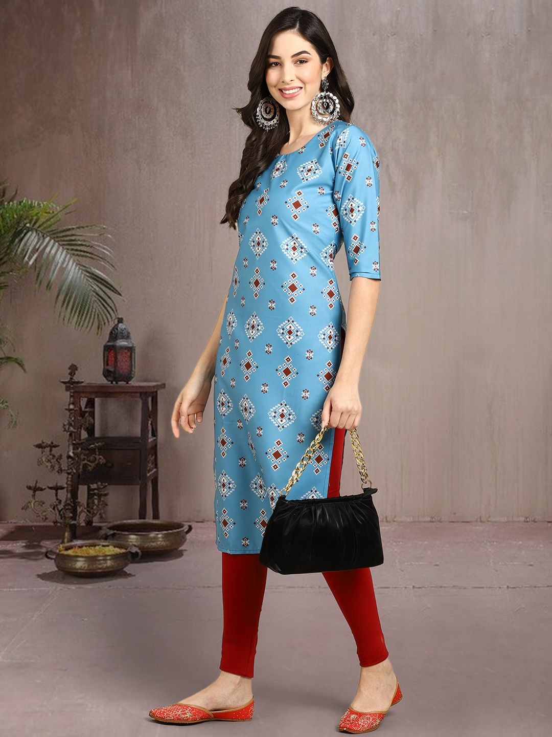 

7Threads Ethnic Motifs Printed Straight Kurta, Blue