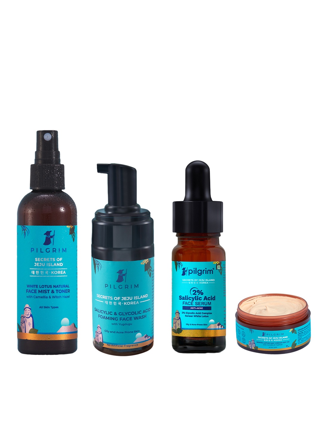 

Pilgrim Set of Alcohol-Free Face Mist & Toner, Foaming Face Wash , Face Serum & Day Cream, Teal
