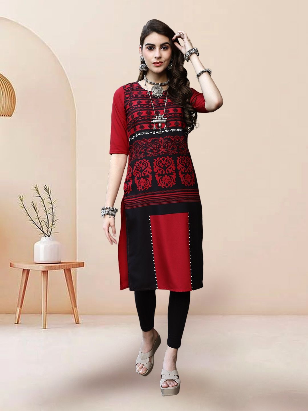 

7Threads Ethnic Motifs Printed Round Neck Straight Kurta, Red