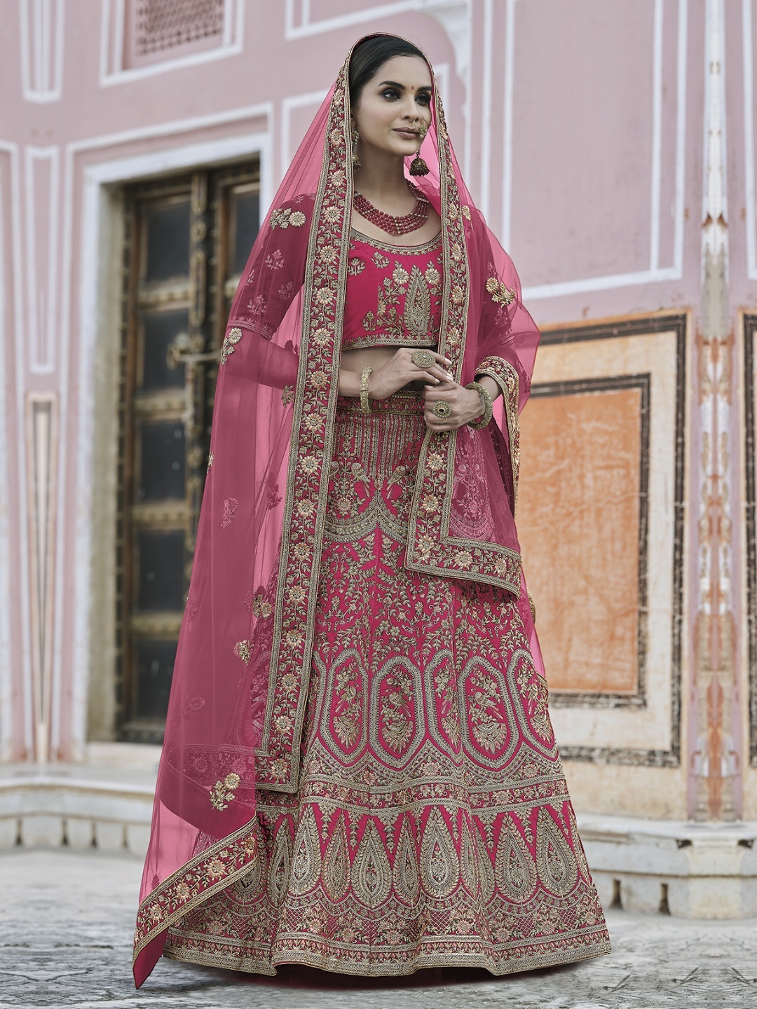 

Fusionic Embroidered Velvet Semi-Stitched Lehenga & Unstitched Blouse With Dupatta, Pink