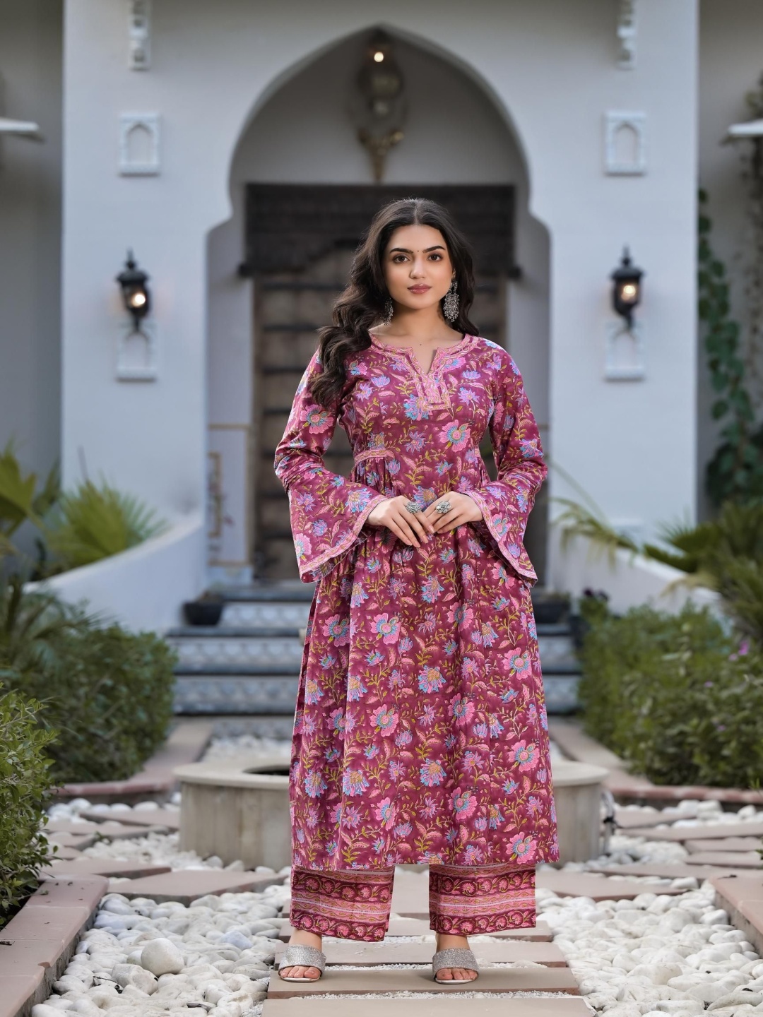 

KALINI Floral Printed Notch Neck Pure Cotton A-Line Kurta With Palazzo And Dupatta, Purple