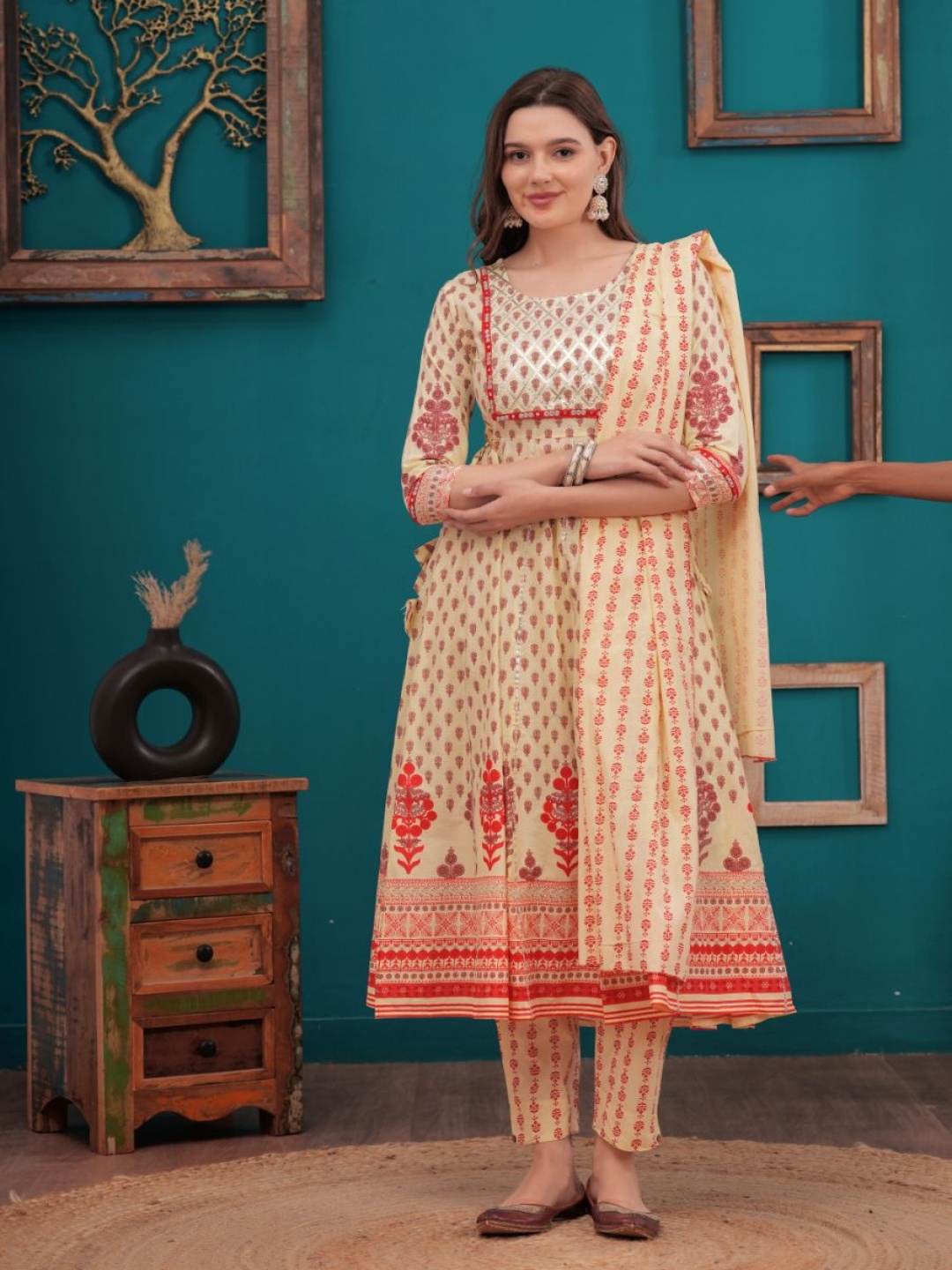 

KALINI Ethnic Motifs Printed Panelled Pure Cotton Anarkali Kurta With Trousers & Dupatta, Peach