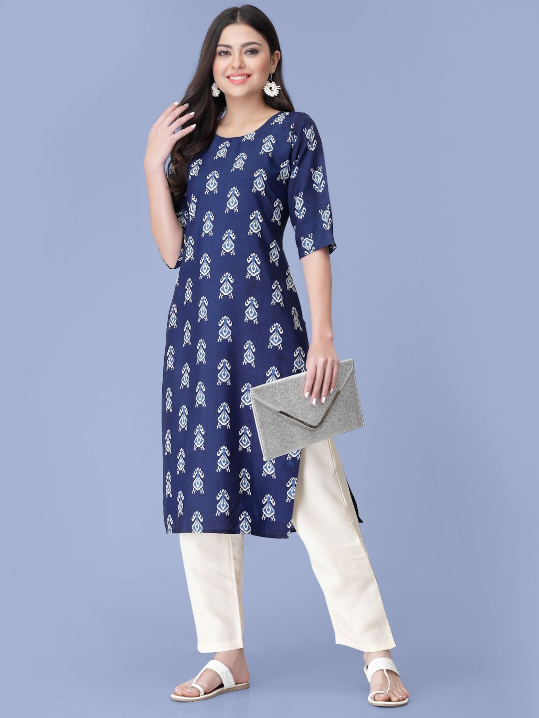 

7Threads Ethnic Motifs Printed Straight Round-Neck Kurta With Trouser, Blue
