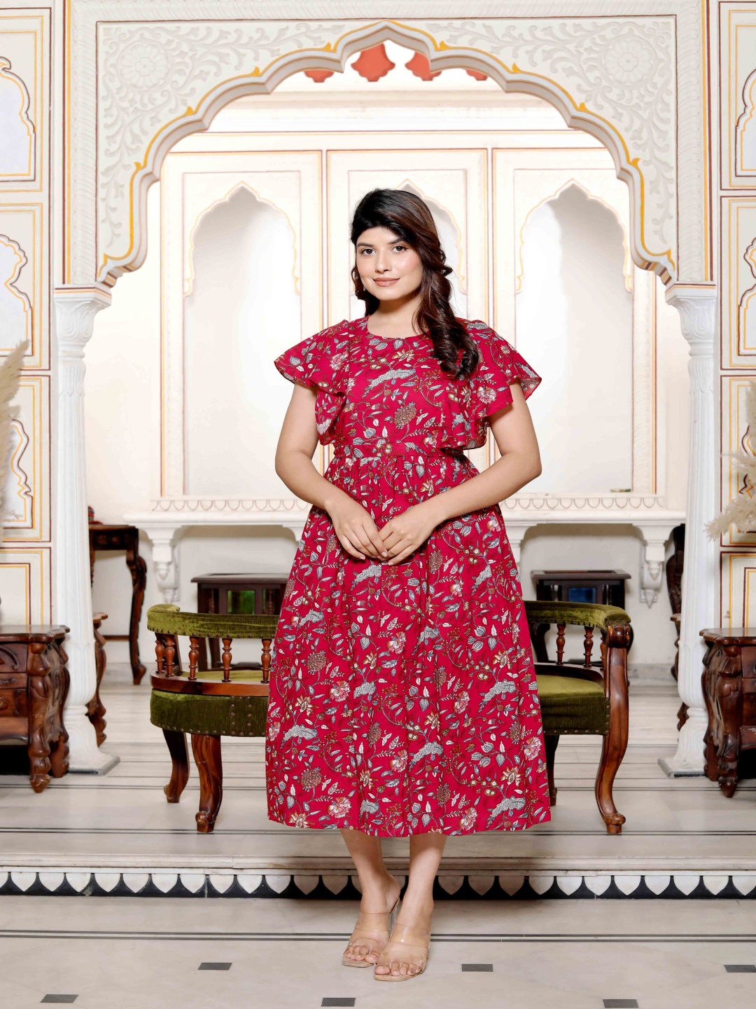 

SILAKIVA Floral Printed Round Neck Short Sleeves Fit And Flare Ethnic Dress, Maroon