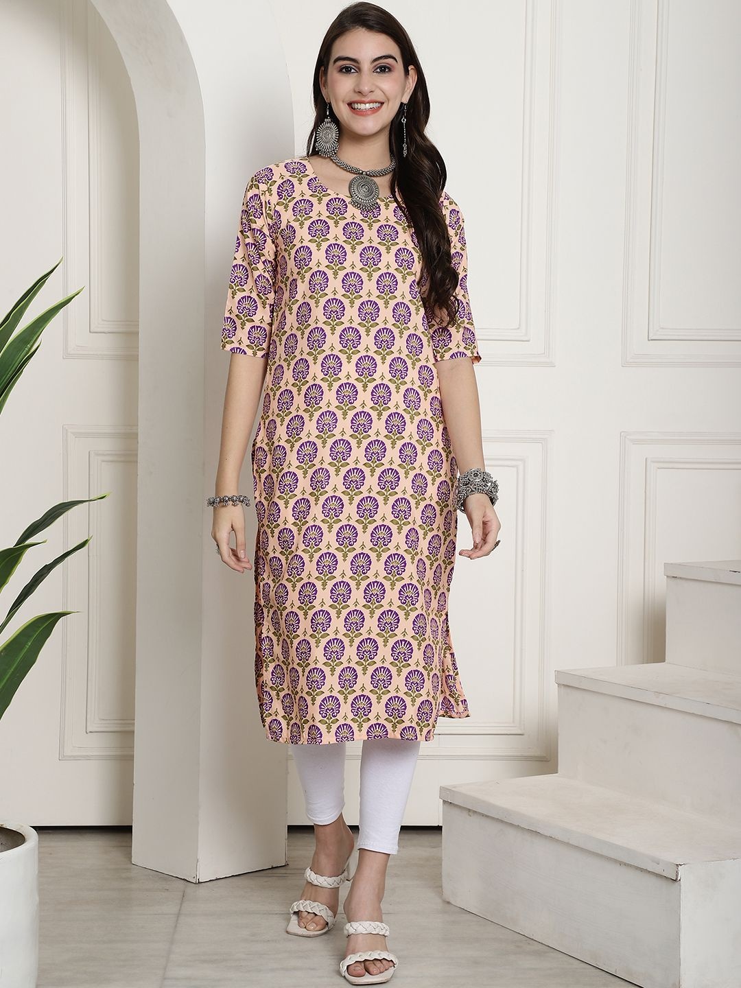 

7Threads Set Of 6 Floral Printed Round Neck Machine Weave Straight Kurta, Peach