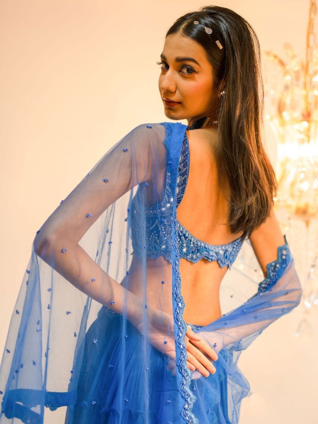 

Foram patel Tiered Mirror Work Ready to Wear Lehenga Set, Blue
