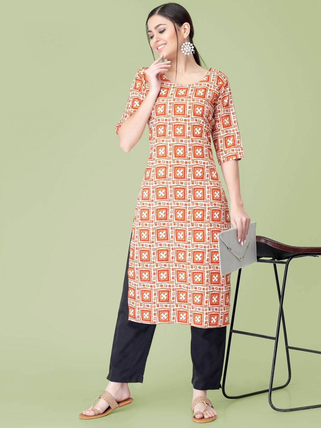 

7Threads Geometric Printed Round Neck Straight Kurta With Trousers, Orange