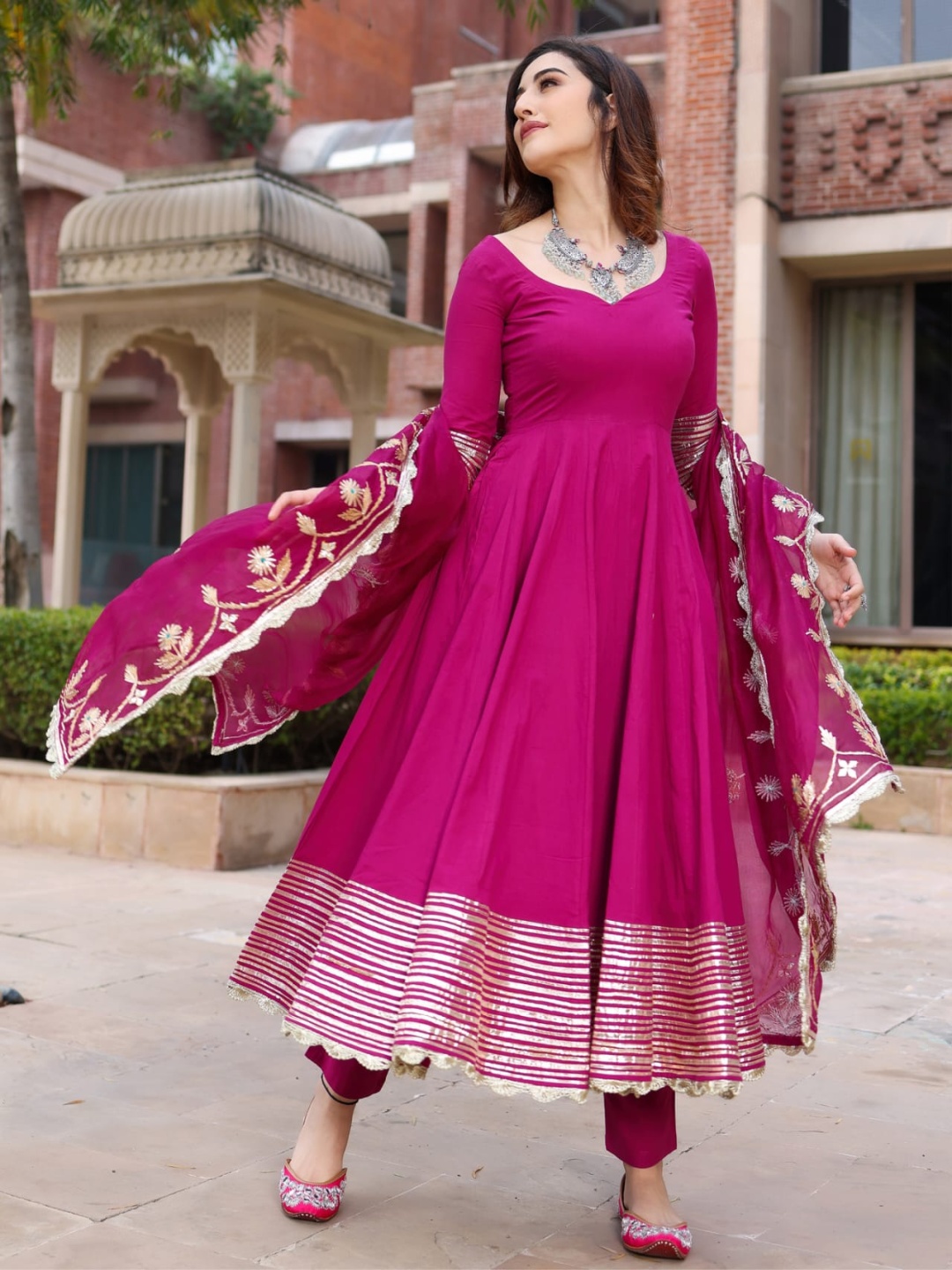 

KALINI Round Neck Sweetheart Neck Anarkali Kurta with Trousers & Dupatta, Pink