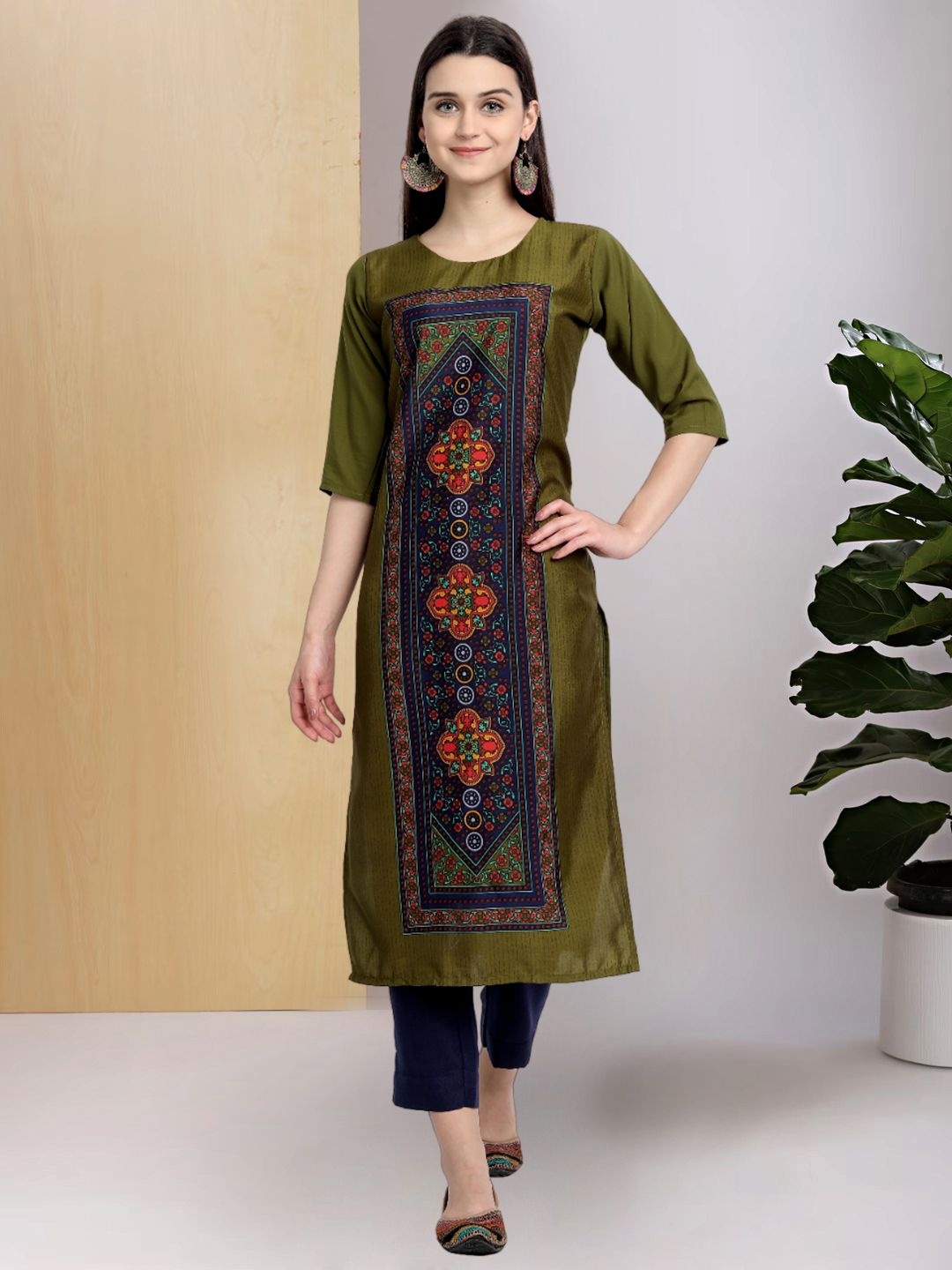 

7Threads Ethnic Motifs Printed Round Neck Straight Kurta, Olive