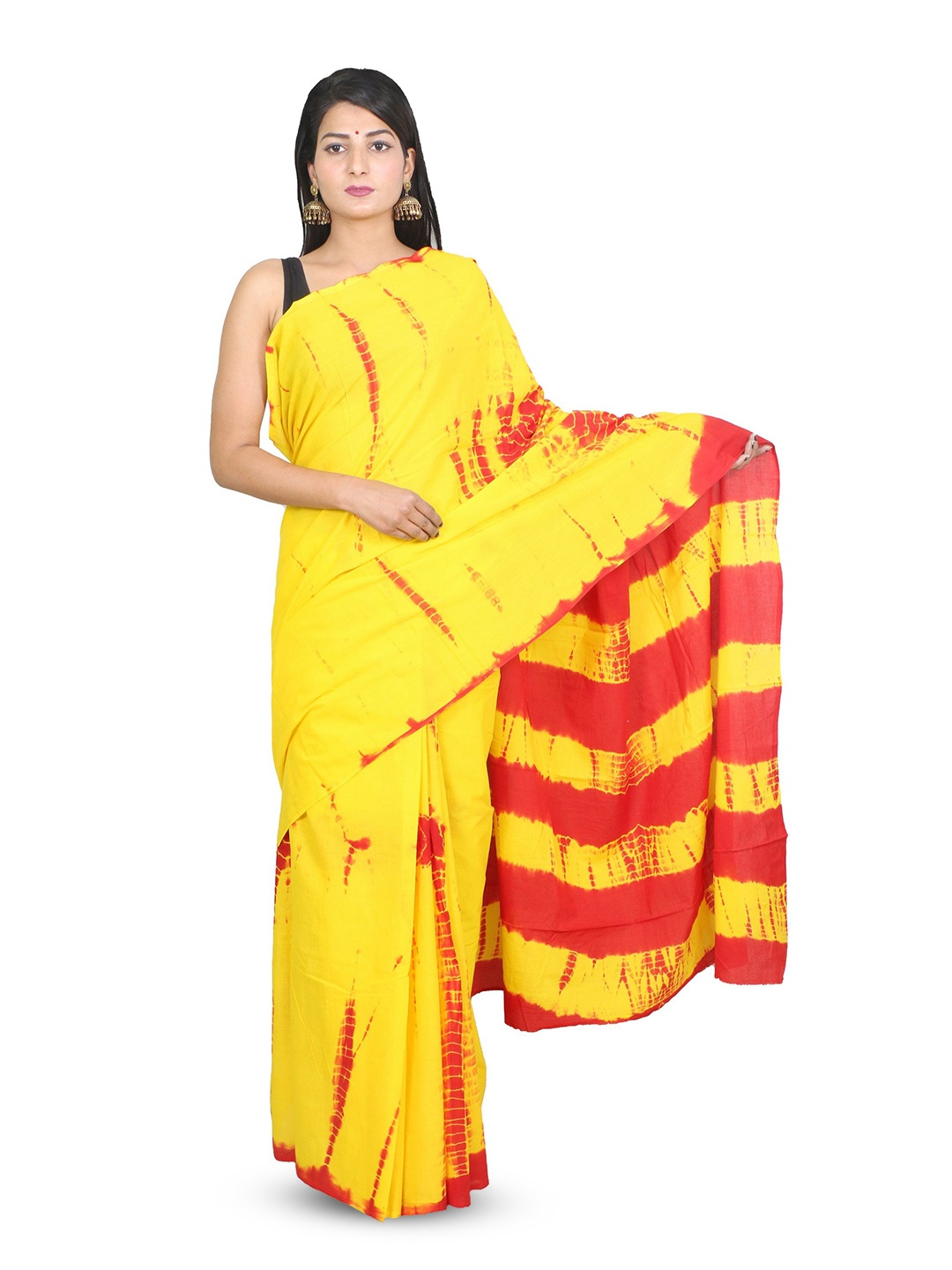

THE FAMILIAR HANDICRAFTS Tie and Dye Mirror Work Pure Cotton Ikat Saree, Yellow