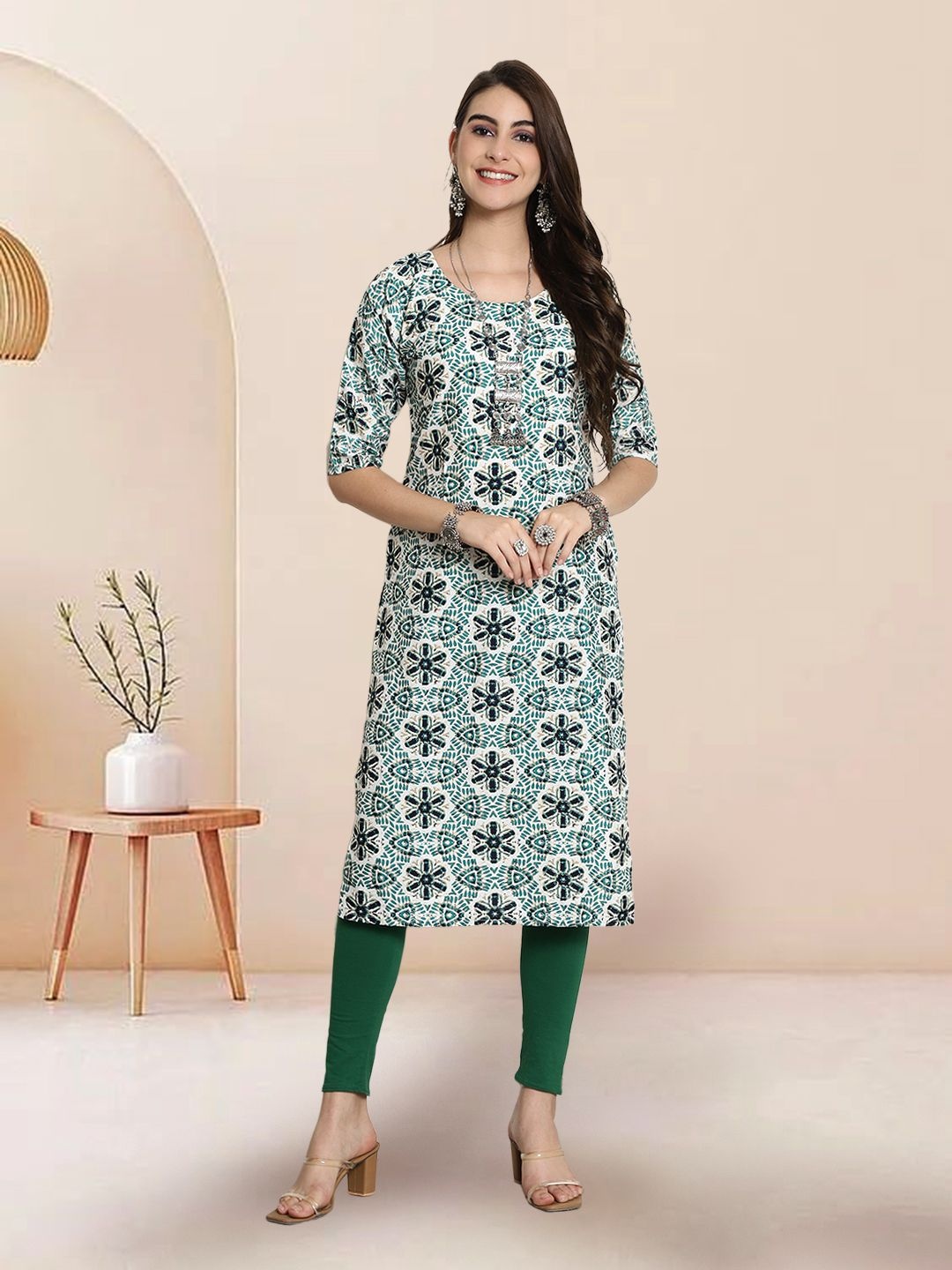 

7Threads Ethnic Motifs Printed Straight Kurta, Teal