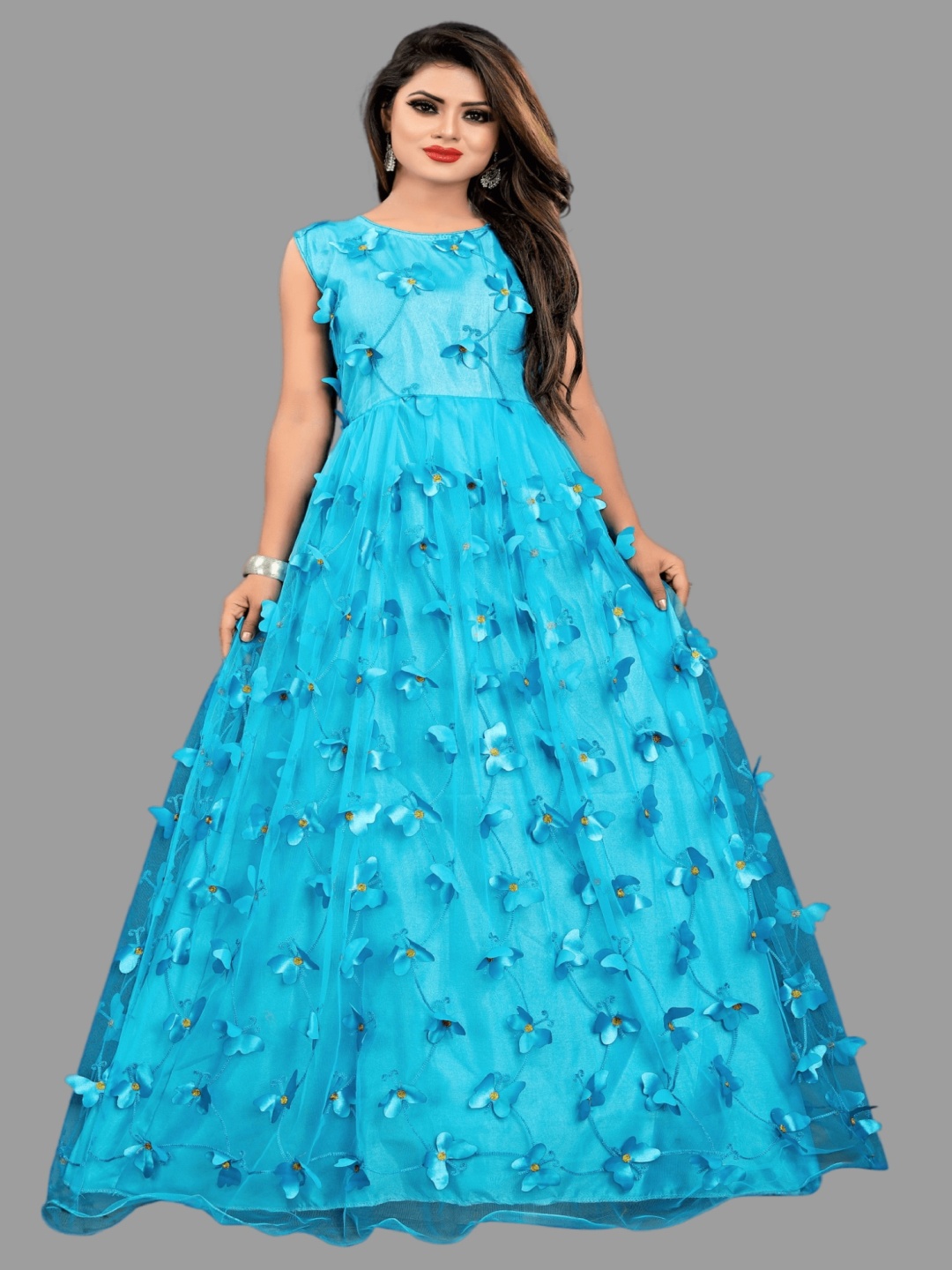 

LADY SHOPI Butterfly Embroidered Gown Maxi Dress, Turquoise blue