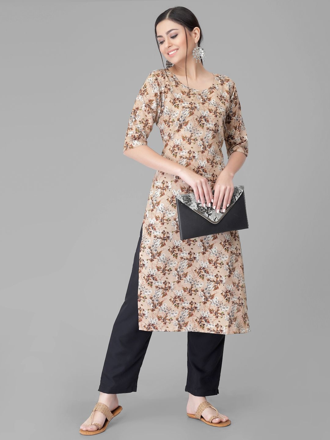 

7Threads Floral Printed Round Neck Straight Kurta With Trousers, Beige