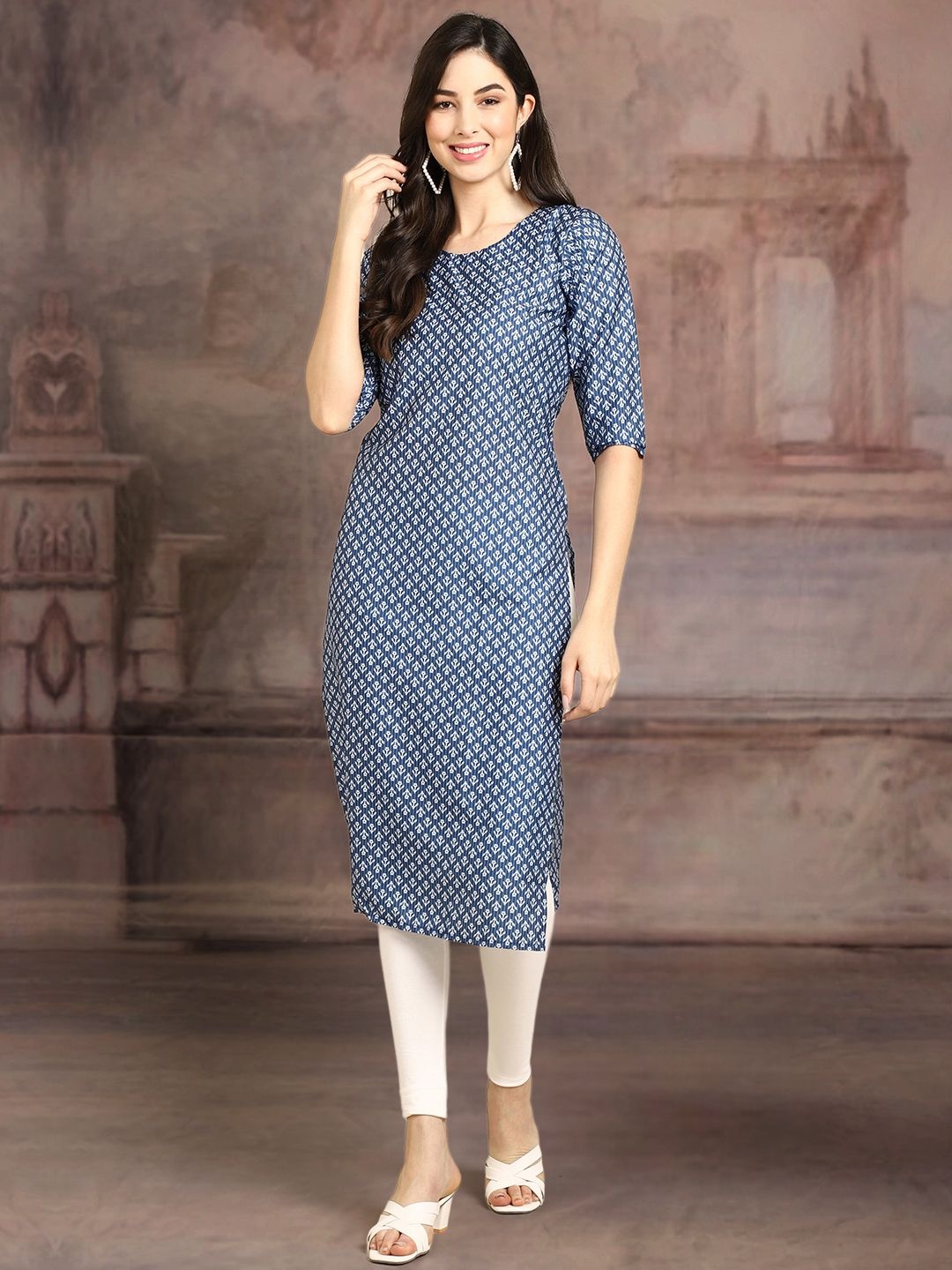 

7Threads Ethnic Motifs Printed Round Neck Straight Kurta, Blue