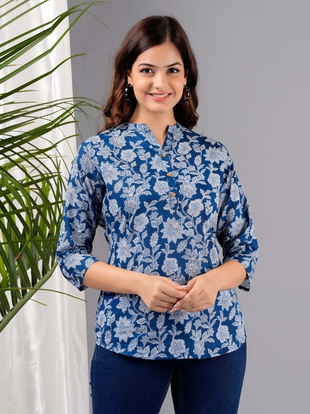 

Siya Fashion Floral Print Mandarin Collar Cotton Shirt Style Top, Blue