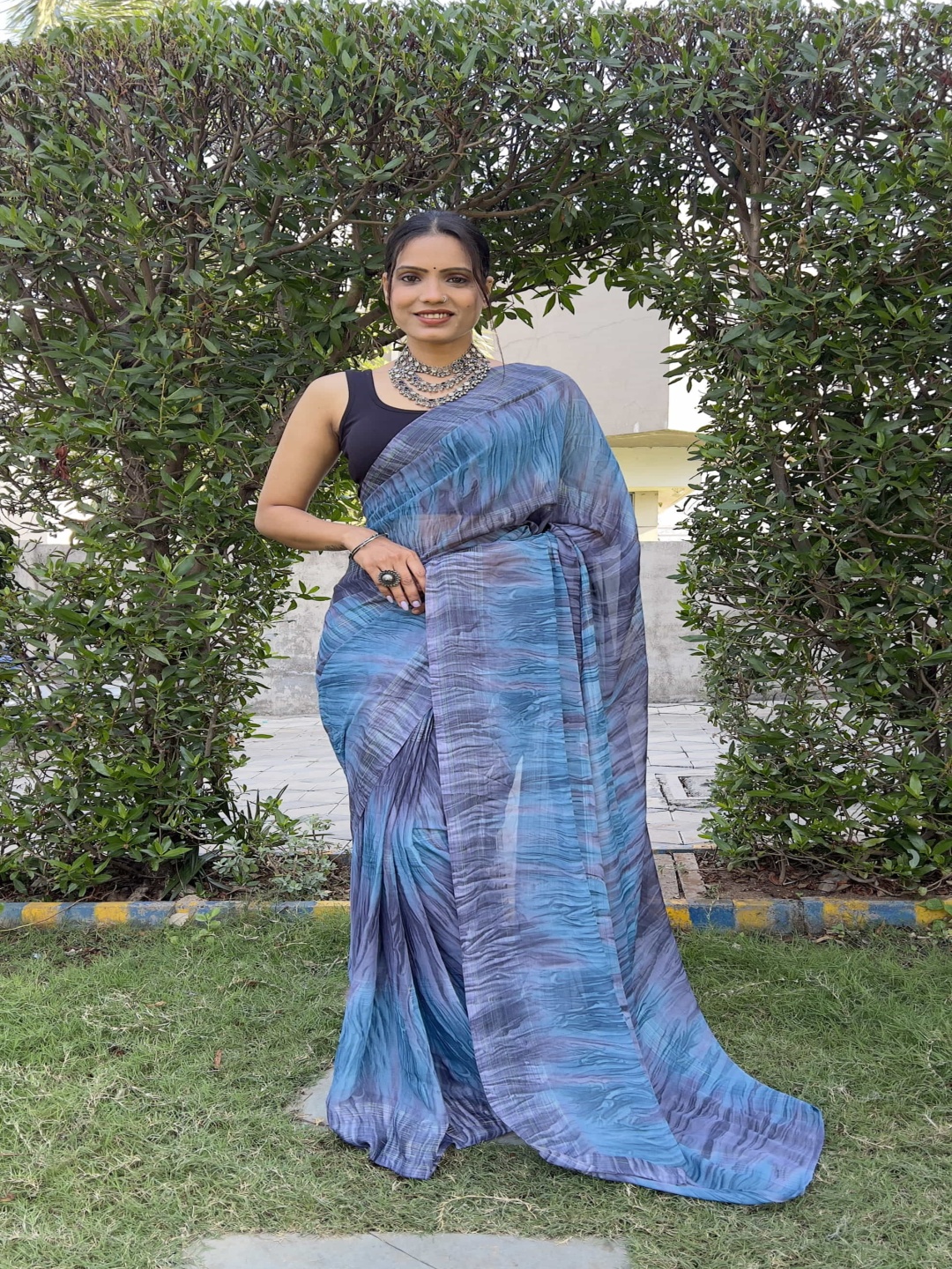 

V3 FASHION STUDIO Tie and Dye Printed Pure Chiffon Ready to Wear Jamdani Saree, Blue