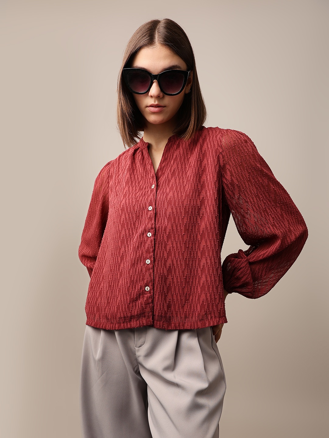 

ONLY Mandarin Collar Puff Sleeve Bohemian Shirt Style Top, Red