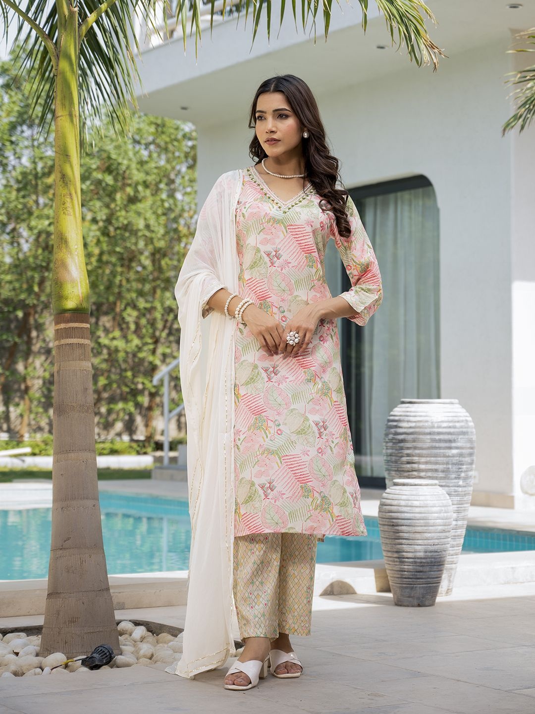 

KALINI Floral Printed V-Neck Straight Kurta with Trousers and Dupatta, Cream