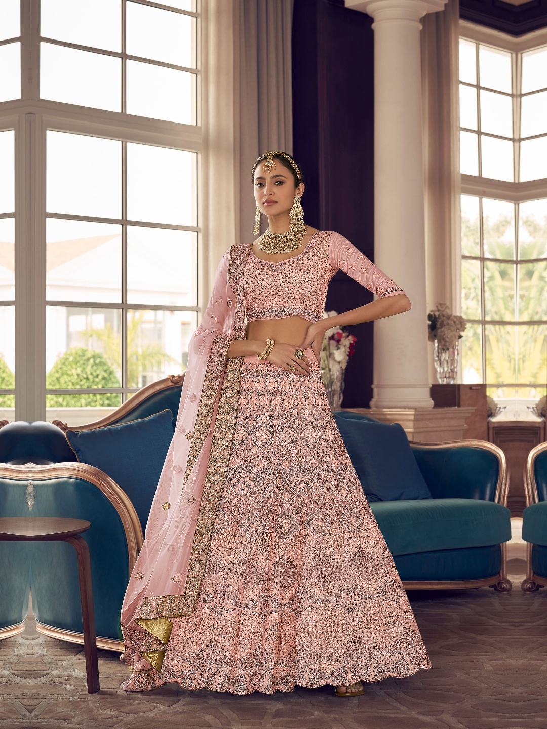 

Fusionic Embroidered Semi-Stitched Lehenga & Unstitched Blouse With Dupatta, Peach