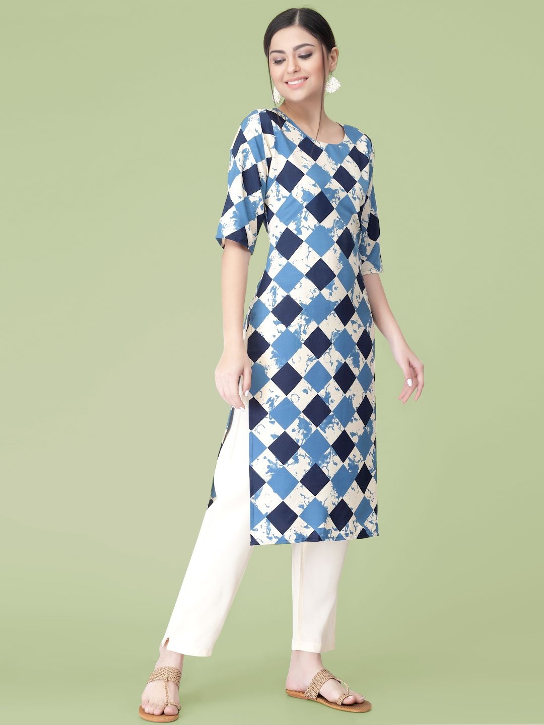 

7Threads Checked Printed Round Neck Straight Kurta With Trousers, Blue